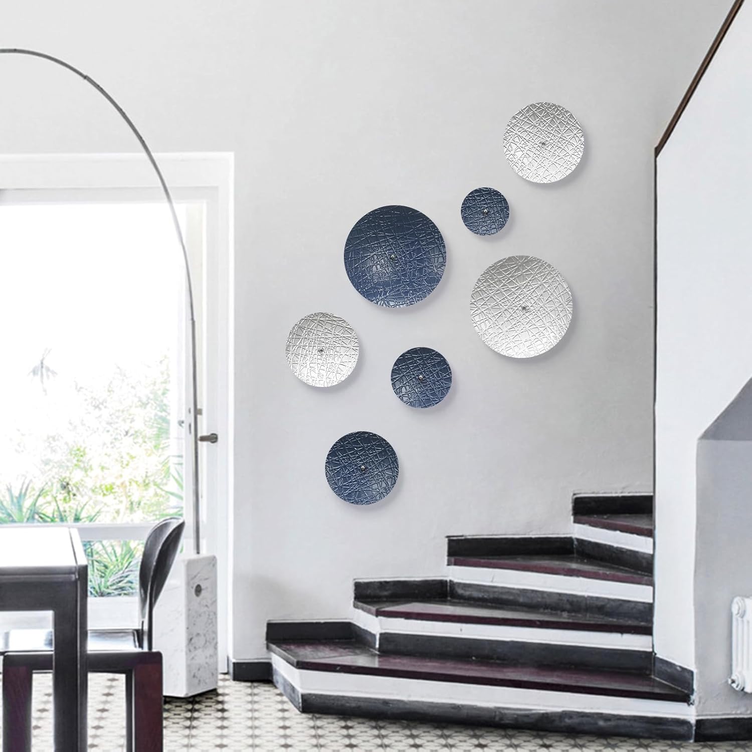 Silver and Blue Wall Decor for Living Room, 7PCS Metal Wall Hanging Sculptures for Office Apartment Bathroom Decoration, Modern Silver Home Decor for Staircase Hallway Porch Housewarming Gift