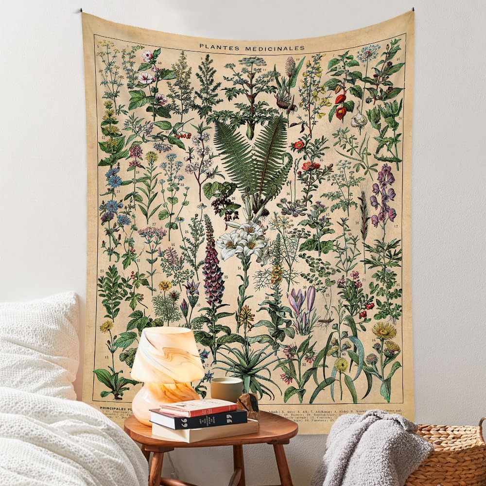 Vintage Flowers Tapestry 48”x36”, Long Vertical Wall Hanging Reference Illustrative Botanical Tapestries for Bedroom Aesthetic Floral Tapistry Botanical Plants Tapestry Wall Hanging Cute Bedroom Decor