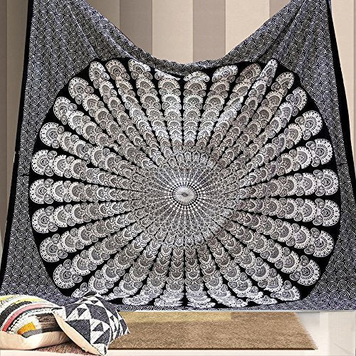 Bless International Handmade Indian hippie Bohemian Psychedelic Peacock Mandala Wall hanging College Dorm Beach Throws Table Cloth Bedding Tapestry (Blue Green, Queen(84x90Inches)(215x230Cms))