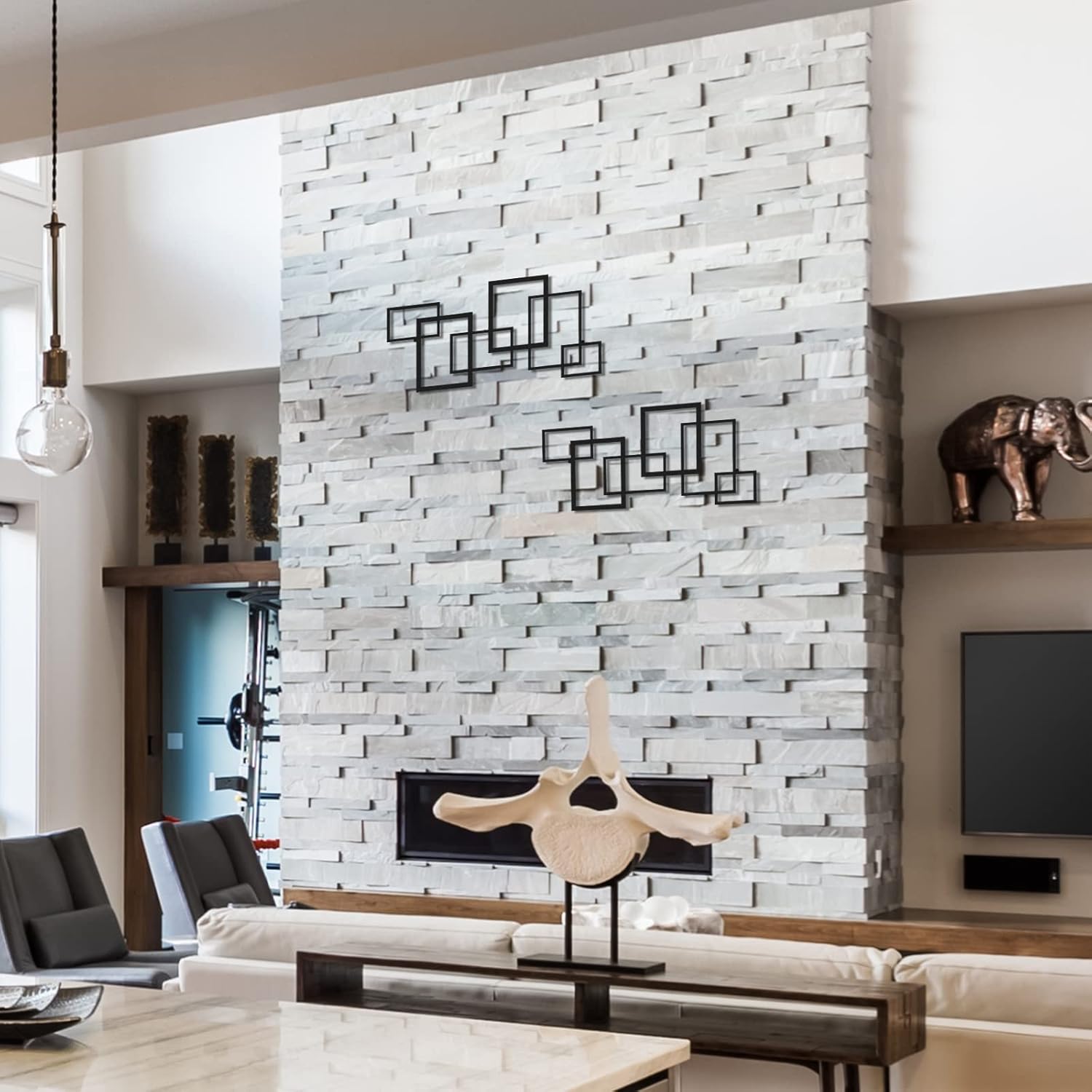 Geetery 2 Pcs Modern Geometric Metal Wall Art Minimalist Vertical Sculptures Wall Art Abstract Metal Decorations Wall Hanging Black Square Sign for Living Room Indoor Outdoor Bedroom Office