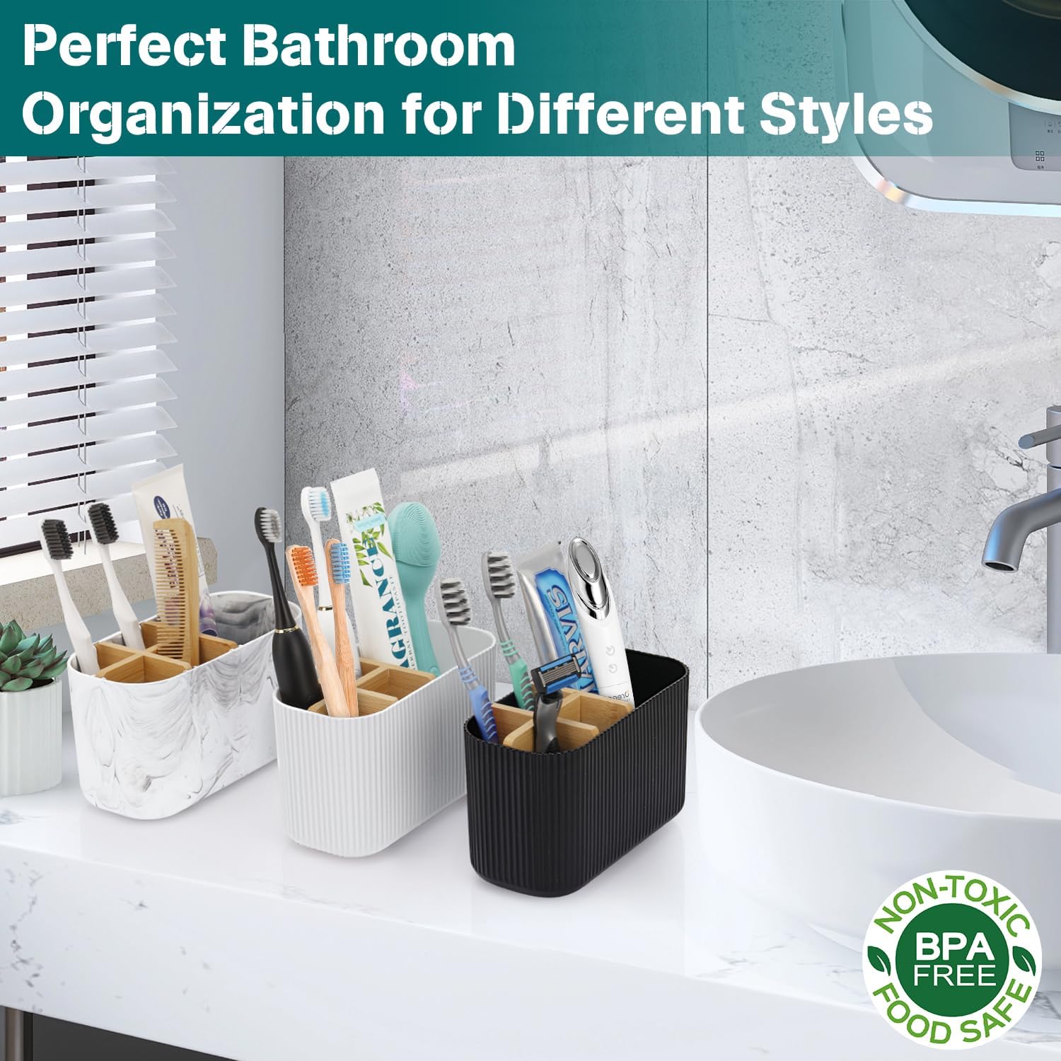 GFWARE Black Toothbrush Holder - Bamboo Toothbrush Holders for Bathrooms Electric Toothbrush Holder Organizer Kids Toothbrush Holders for Bathrooms Countertop