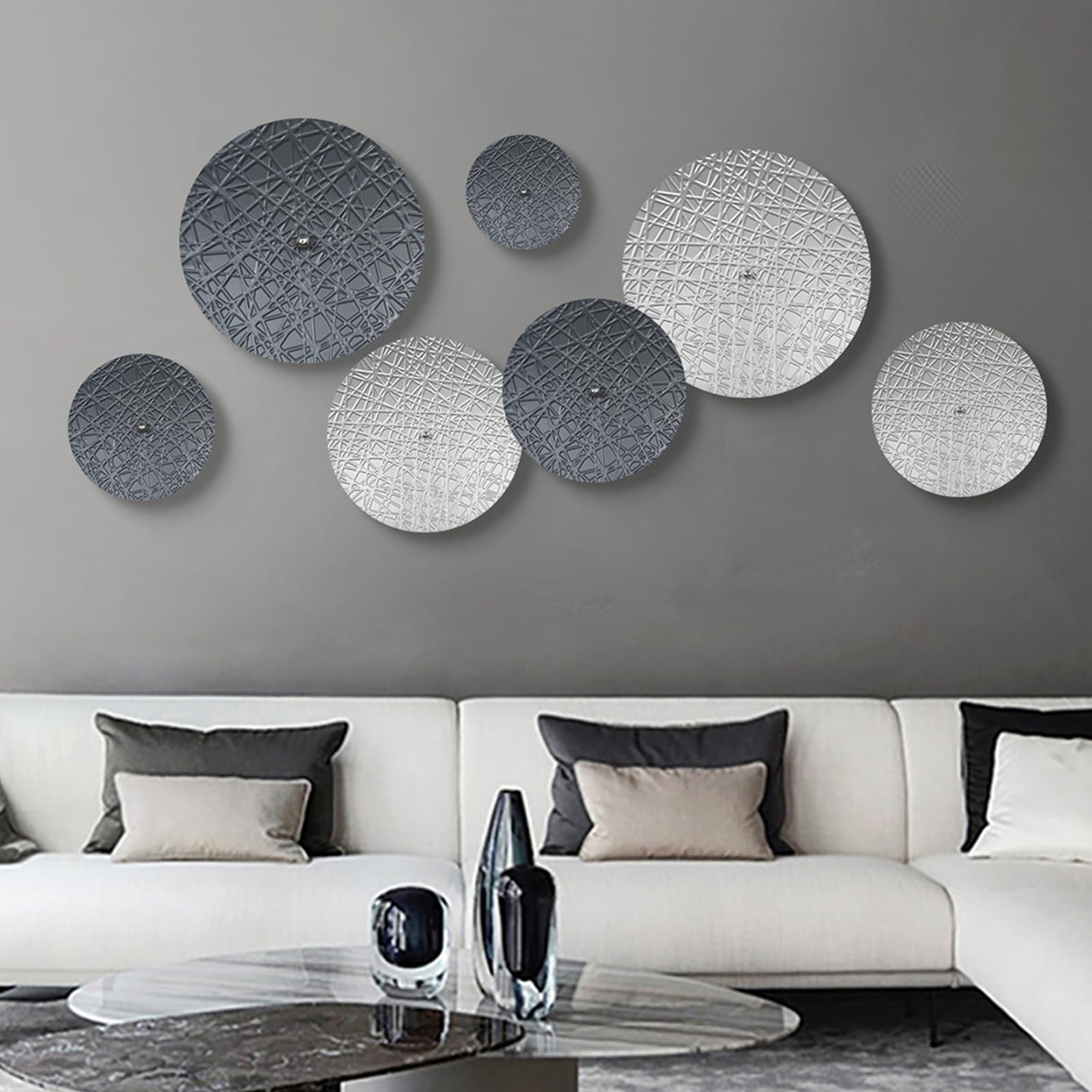Silver and Blue Wall Decor for Living Room, 7PCS Metal Wall Hanging Sculptures for Office Apartment Bathroom Decoration, Modern Silver Home Decor for Staircase Hallway Porch Housewarming Gift