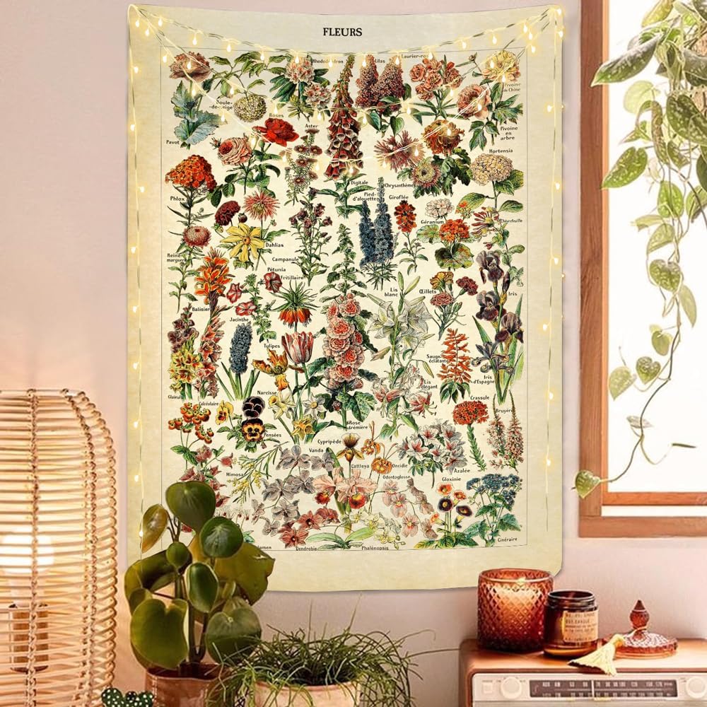 Vintage Flowers Tapestry 48”x36”, Long Vertical Wall Hanging Reference Illustrative Botanical Tapestries for Bedroom Aesthetic Floral Tapistry Botanical Plants Tapestry Wall Hanging Cute Bedroom Decor