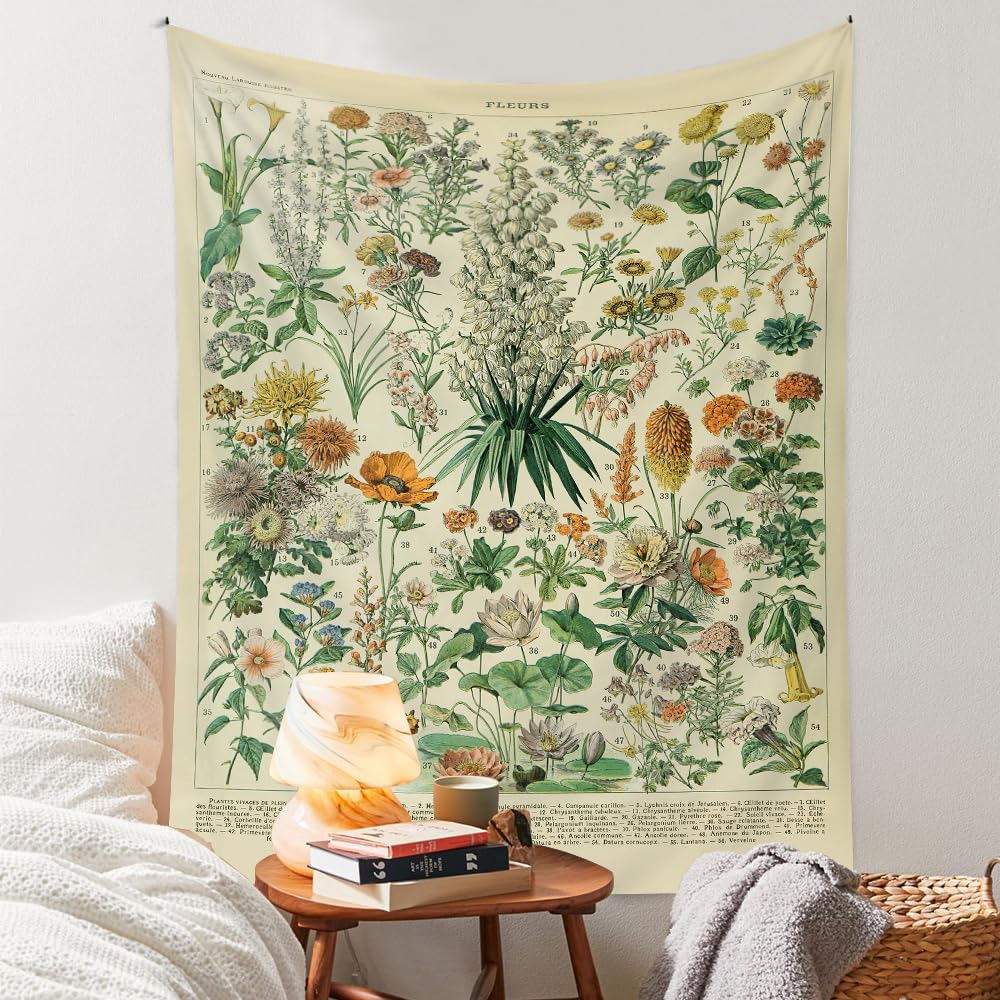 Vintage Flowers Tapestry 48”x36”, Long Vertical Wall Hanging Reference Illustrative Botanical Tapestries for Bedroom Aesthetic Floral Tapistry Botanical Plants Tapestry Wall Hanging Cute Bedroom Decor