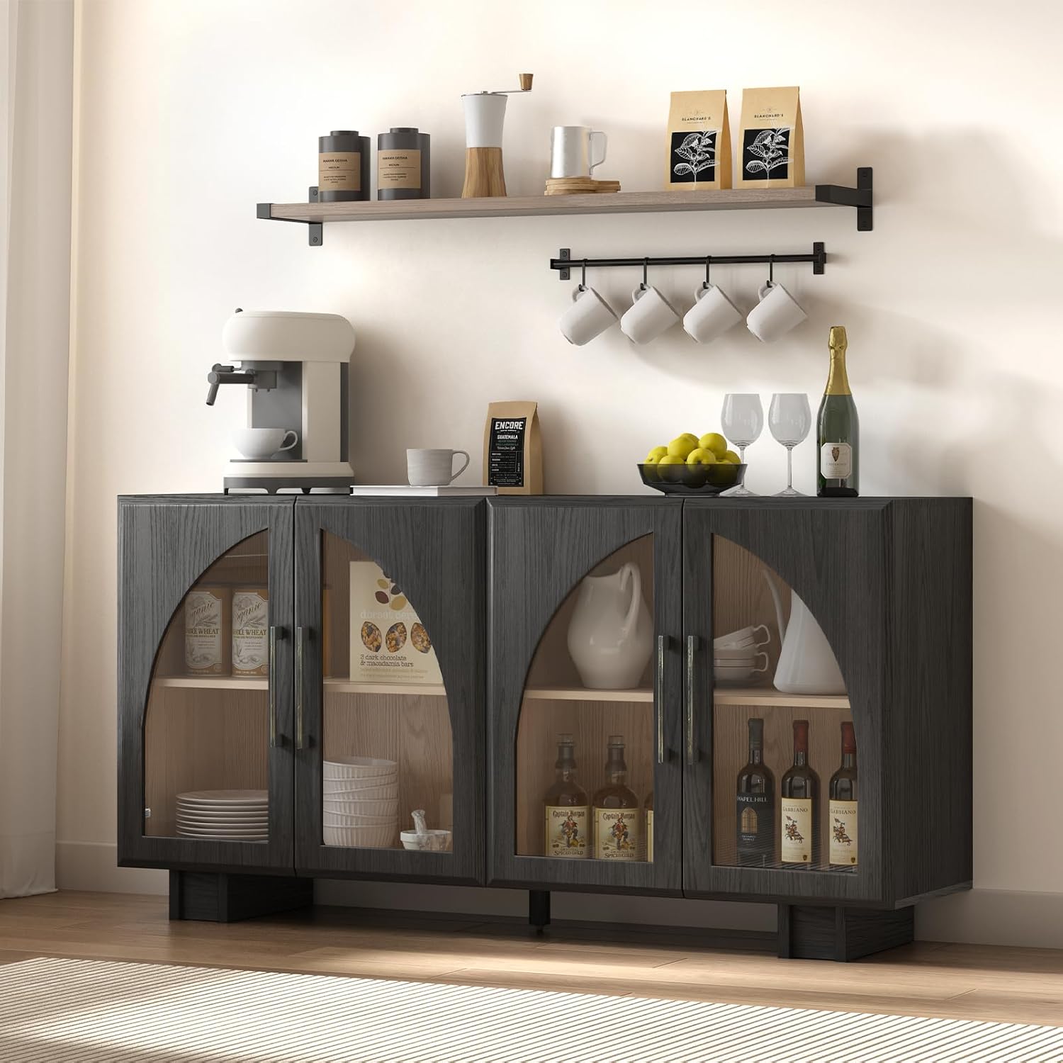 Jiansu furni,63" Sideboard Buffet Cabinet with Arched Glass Doors, Modern Black Kitchen Credenza with Storage, Heavy Duty Coffee Bar Console Table for Dining Room, Living Room, Entryway