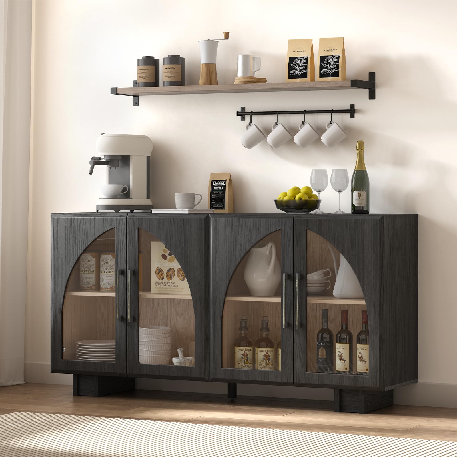 Jiansu furni,63" Sideboard Buffet Cabinet with Arched Glass Doors, Modern Black Kitchen Credenza with Storage, Heavy Duty Coffee Bar Console Table for Dining Room, Living Room, Entryway