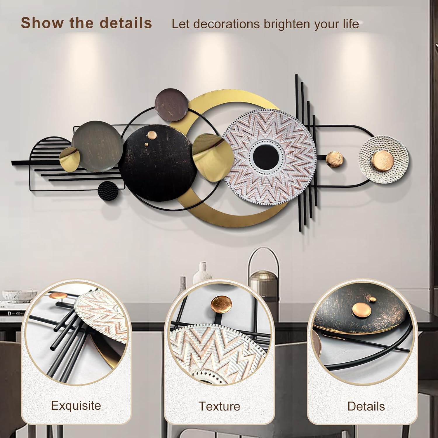 ERMOFAV Wall Decor,Modern Creative Metal Geometric Circular Decor Wall Art, 59x24 In Large 3D Textured Metal Wall Sculptures, Living Room Bedroom Den Aesthetic Wall Art Decor