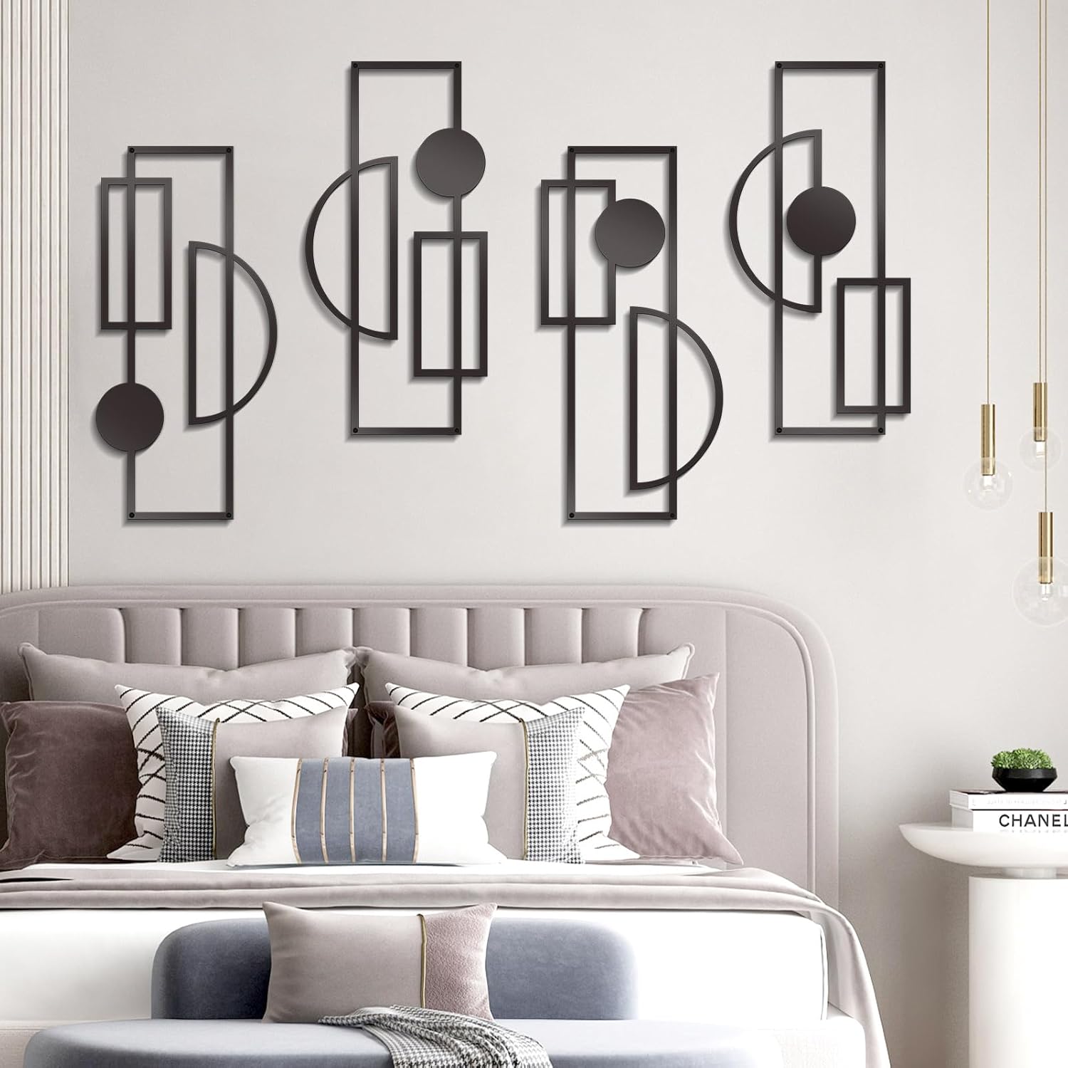 Zzbakress 4 Pcs Large Black Wall Decor Abstract Metal Wall Art Minimalist Geometric Wall Decor for Living Room Modern Single Line Art Wall Decoration for Bedroom Study Bathroom Kitchen (Unique, 4)