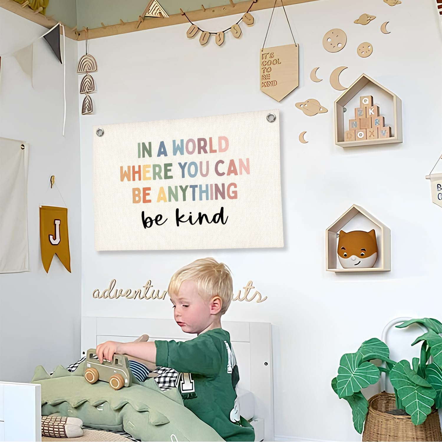 Motivational Linen Canvas Banner,Positive Affirmations Wall Hanging Flag,In A World Where You Can Be Anything Be Kind Wall Decor, Boho Classroom Therapy Office Decor, Kids Room Wall Art,20x30