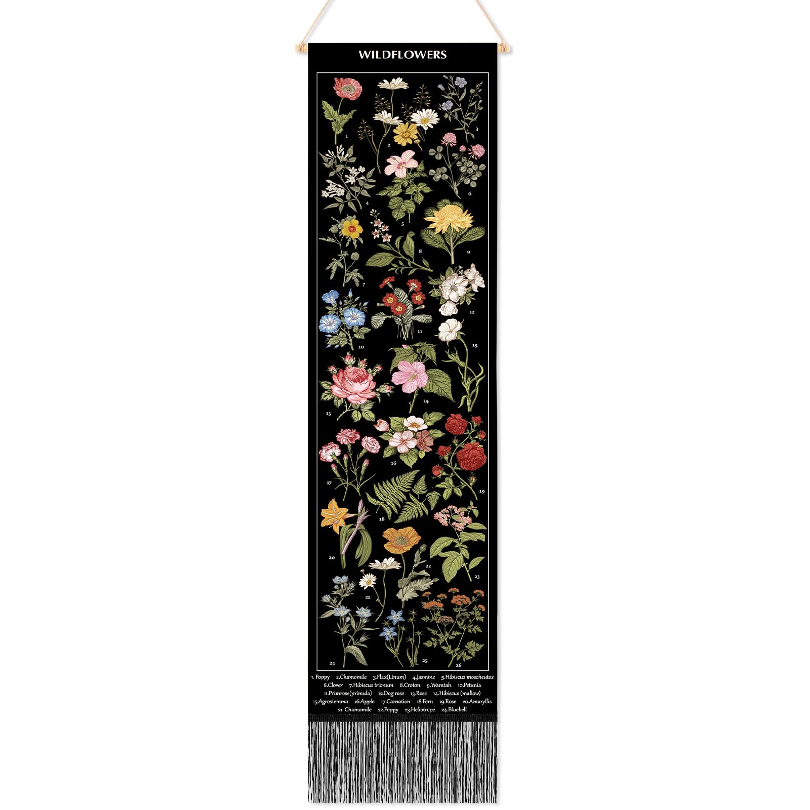 Geetery Vintage Floral Vertical Tapestry Wall Hanging Decor Long Flower Narrow Botanical Fabric Wall Art Hanging Reference Illustrative Tassel Tapestry for Bedroom Living Room Home Decor Gift(White)