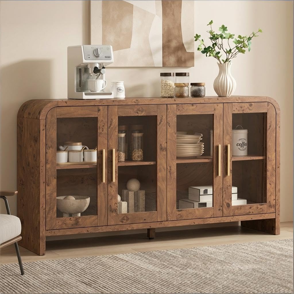 59" Sideboard Buffet Cabinet with Storage, Sideboard Cabinet with Adjustable Shelves & 4 Glass Doors,Coffee Bar Console Table for Kitchen, Living Room, Entryway (Natural Oak)
