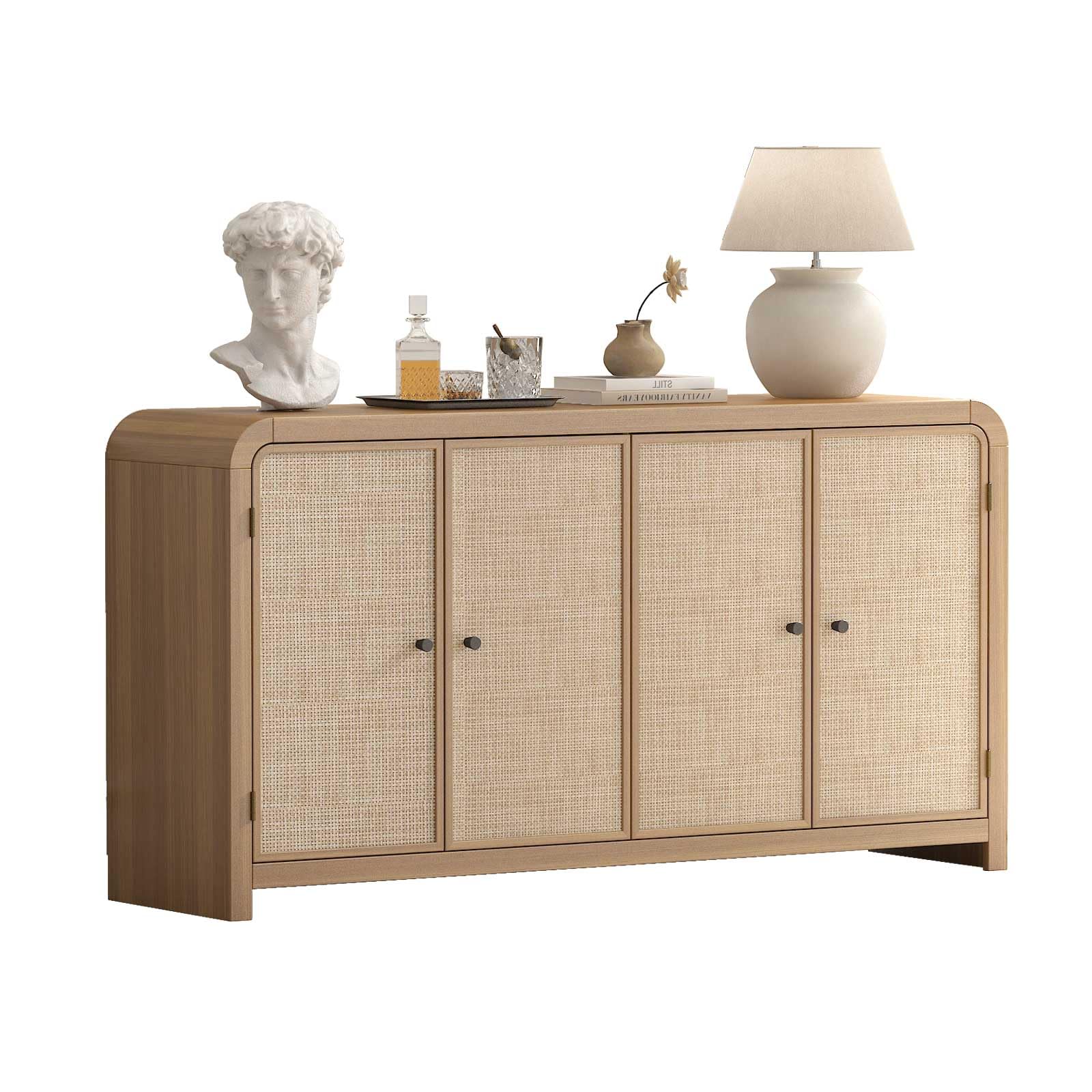 Oak&Sparrow Oak Sideboard Buffet Cabinet with Storage, 60'' Boho Buffets & Sideboards with Adjustable Shelves, Sideboard Cabinet with 4 Glass Doors for Living Room, Hallway & Kitchen