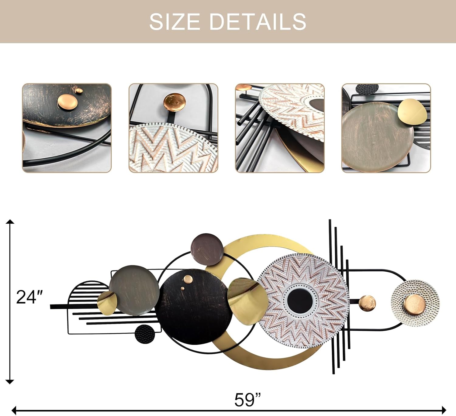 ERMOFAV Wall Decor,Modern Creative Metal Geometric Circular Decor Wall Art, 59x24 In Large 3D Textured Metal Wall Sculptures, Living Room Bedroom Den Aesthetic Wall Art Decor