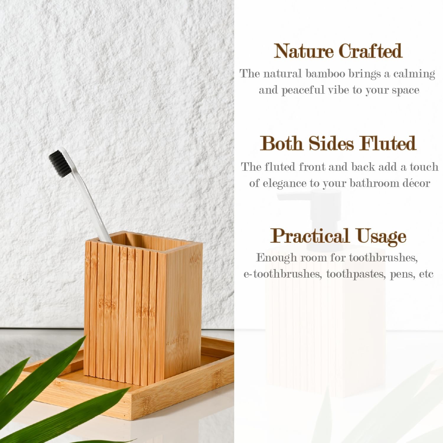 Natural Bamboo Toothbrush Holder, Fluted Square Design for Countertop, Multipurpose Pen Holder or Desktop Organizer, Natural