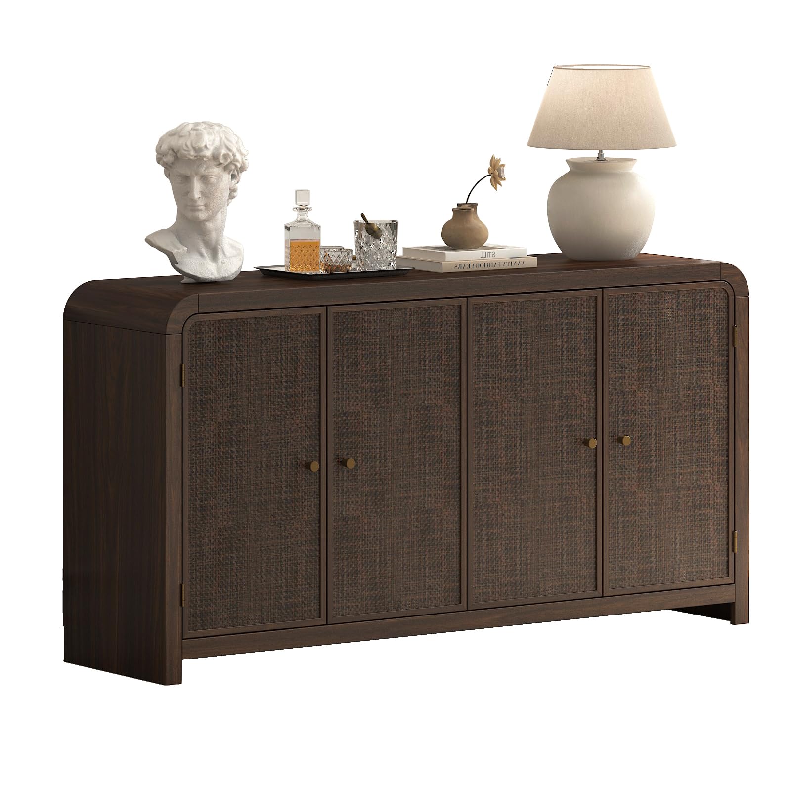 Oak&Sparrow Oak Sideboard Buffet Cabinet with Storage, 60'' Boho Buffets & Sideboards with Adjustable Shelves, Sideboard Cabinet with 4 Glass Doors for Living Room, Hallway & Kitchen