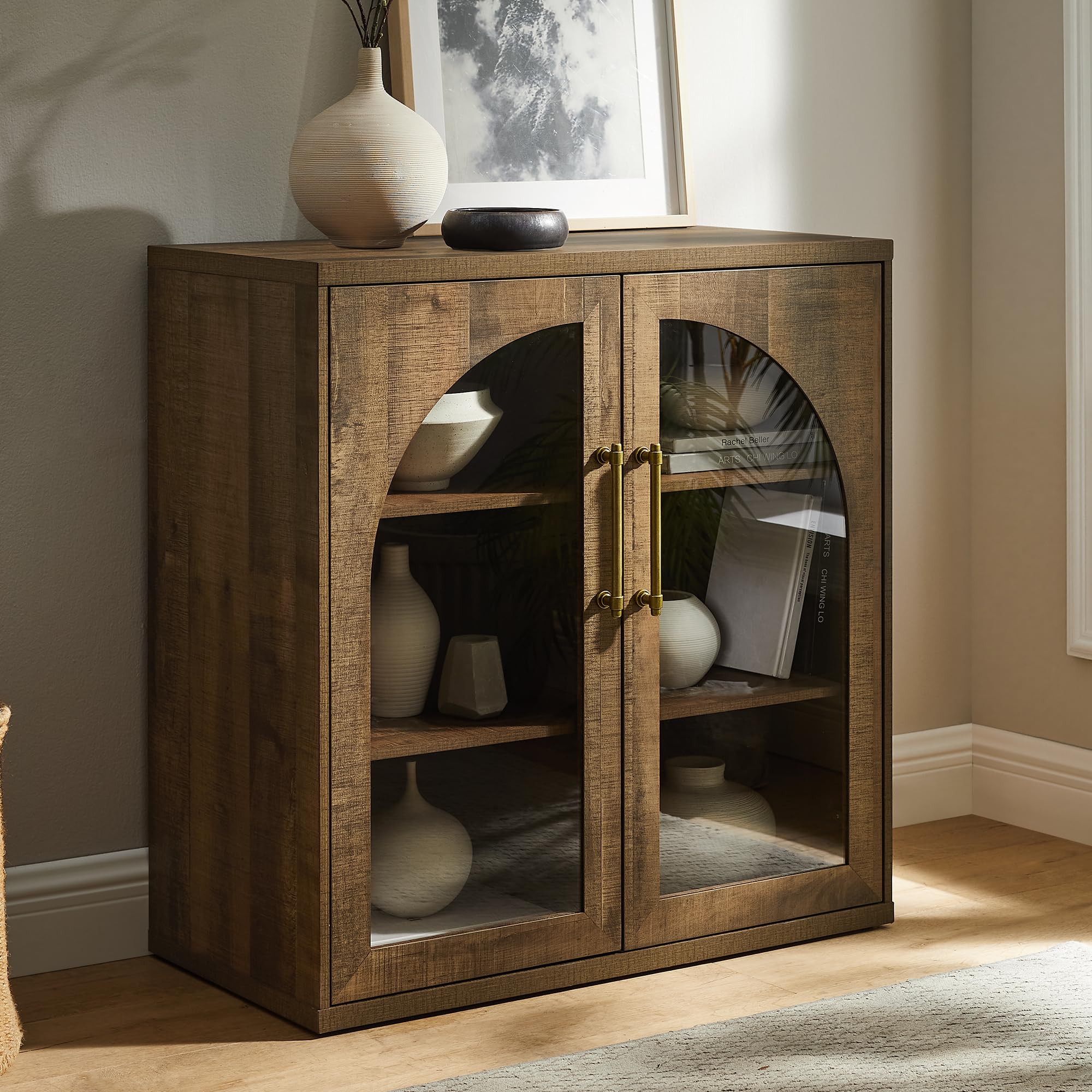 ACCOHOHO Glass Arched Door Sideboard Buffet Cabinet Set of 2, Accent Cabinet with Adjustable Shelf, Wood Modular Credenza Storage Cabinet for Dining Room, Living Room, Entryway, Natural Oak