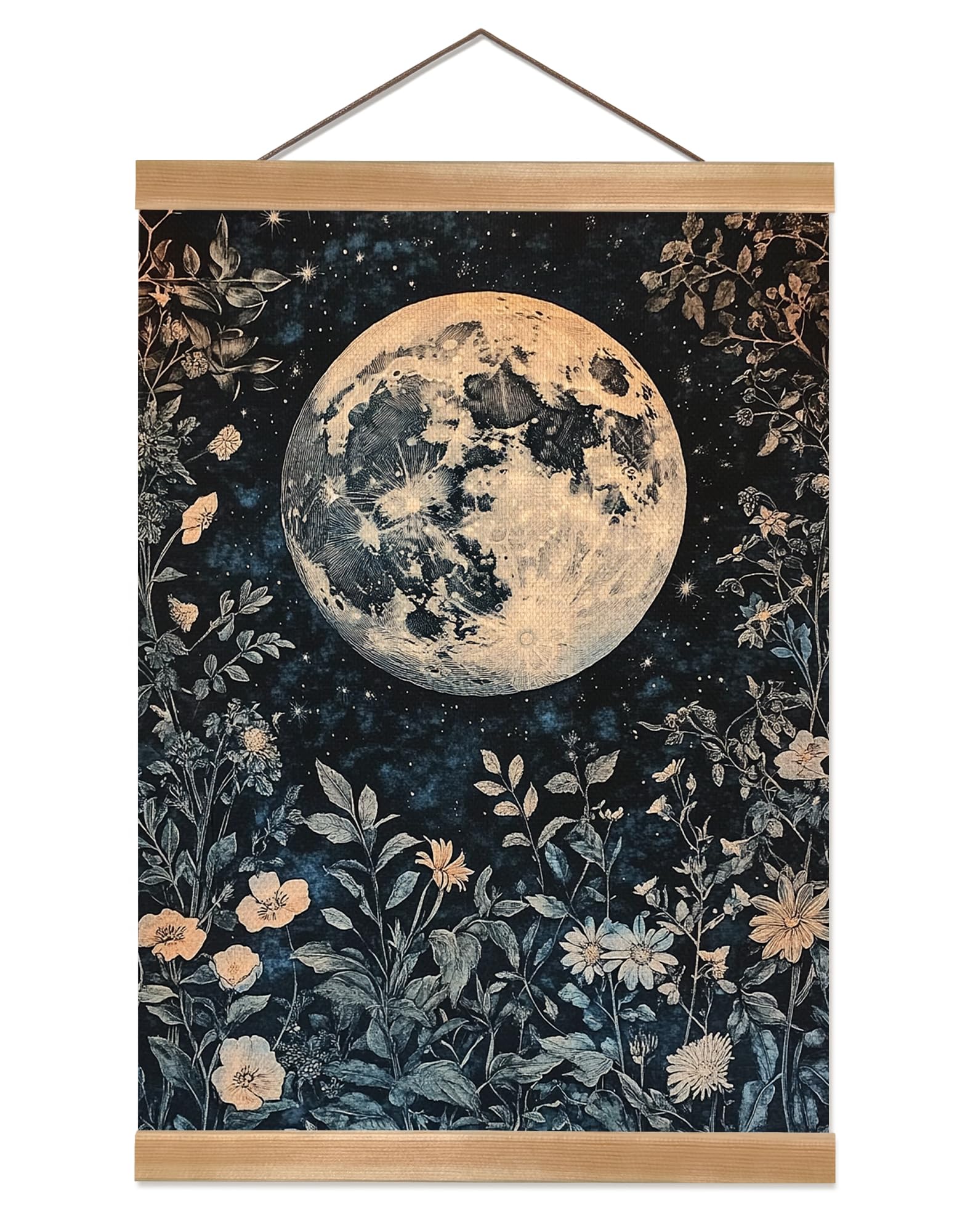 ZTGDA Vintage Moon Forest Wall Art,Full Moon Mountain Landscape Poster, Wildflower and Pine Tree Nature Canvas Wall Decor for Living Room, Bedroom,or Cabin 12x16inch(Retro color-Moon02)
