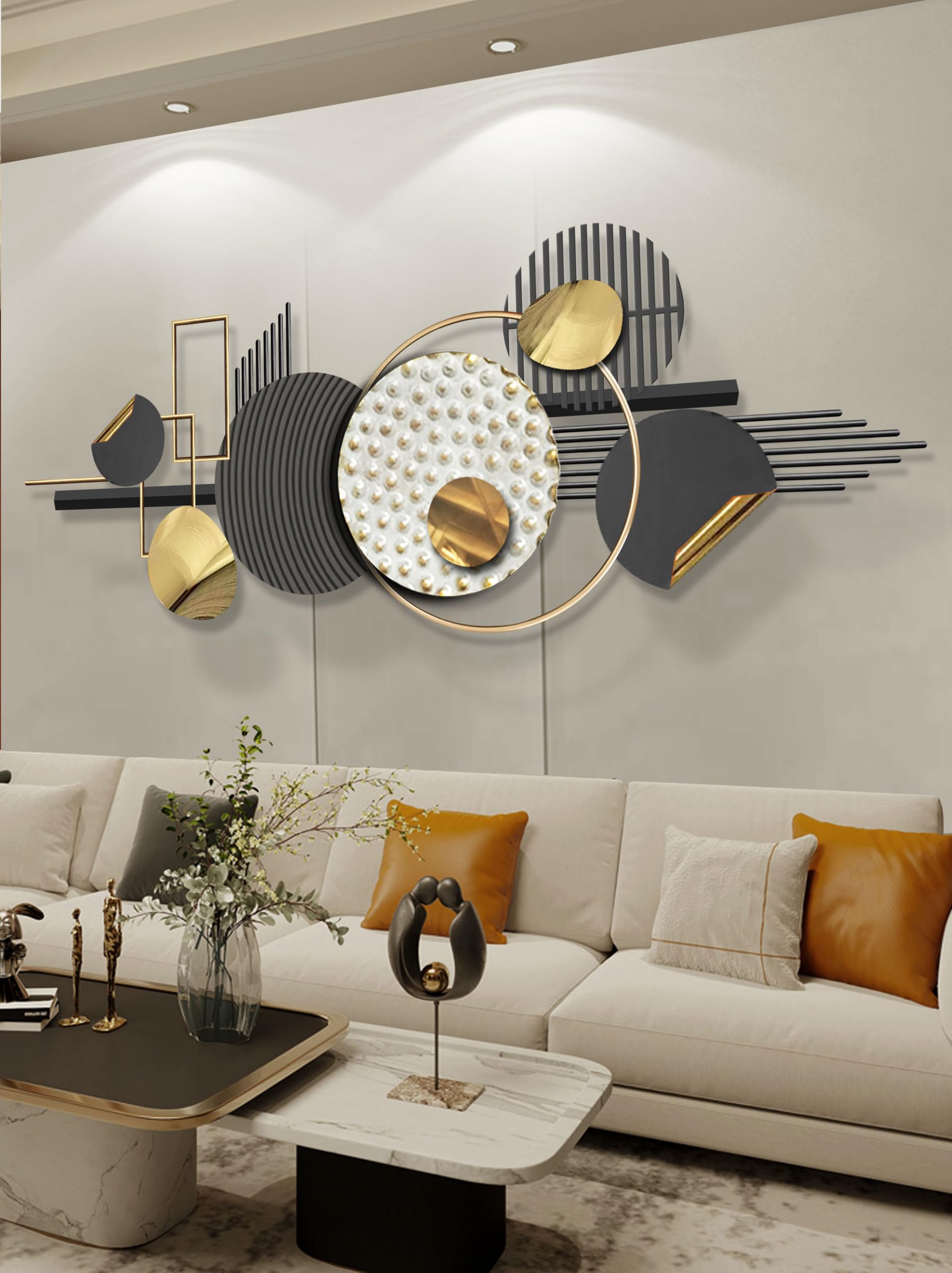 ERMOFAV Wall Decor,Modern Creative Metal Geometric Circular Decor Wall Art, 59x24 In Large 3D Textured Metal Wall Sculptures, Living Room Bedroom Den Aesthetic Wall Art Decor