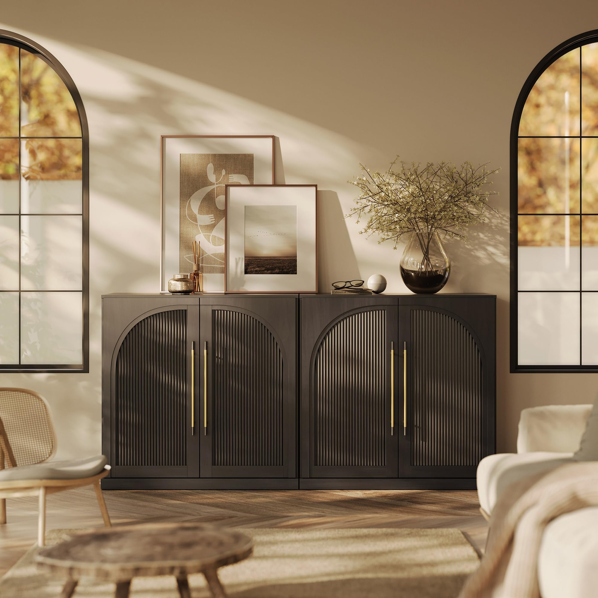 BELLEZE 65" Arched Sideboard with Glass Door, Accent Buffet Cabinet with Storage and Adjustable Shelves, Classic Modern Large Console Table for Dining Room Living Room Entryway (Camel)