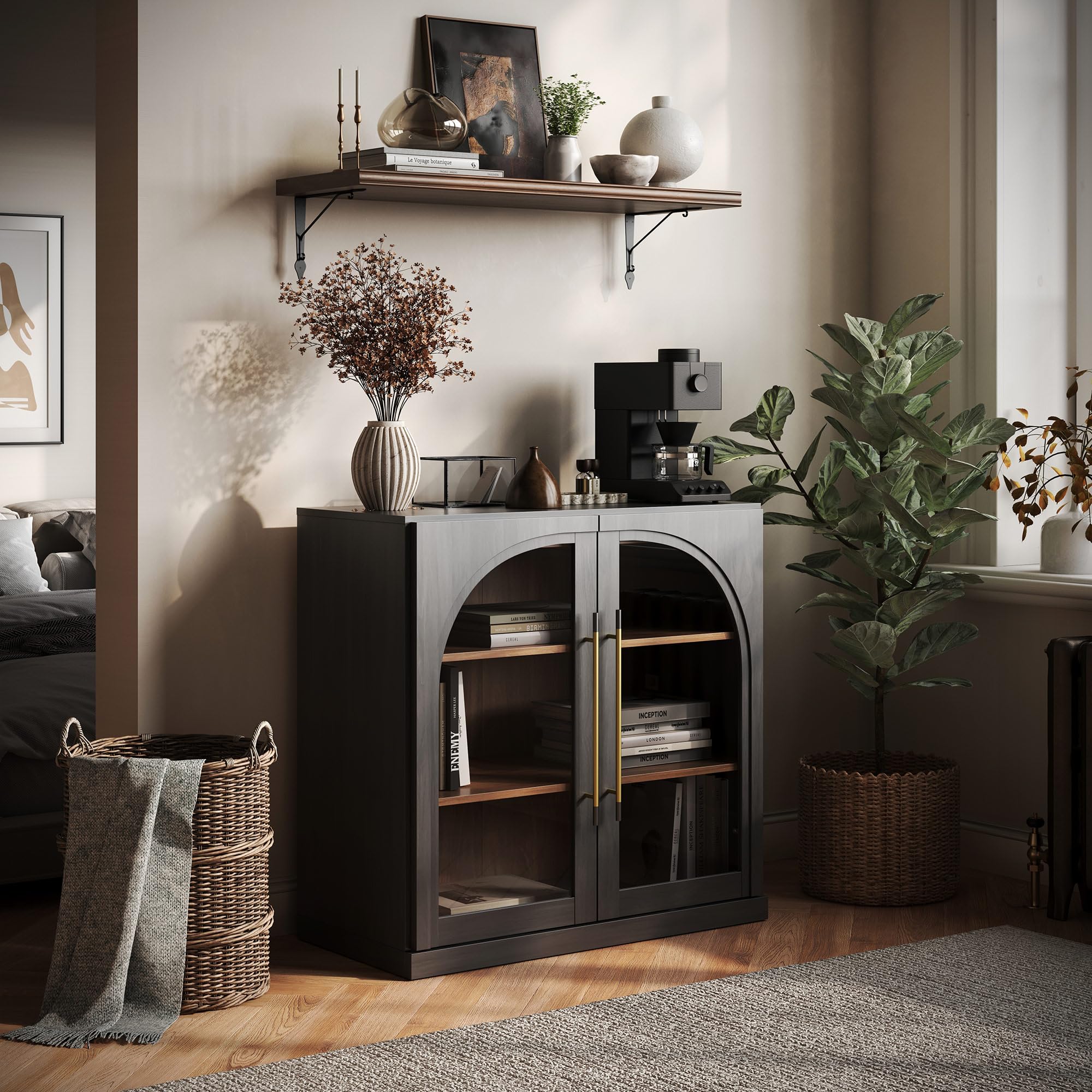 BELLEZE 65" Arched Sideboard with Glass Door, Accent Buffet Cabinet with Storage and Adjustable Shelves, Classic Modern Large Console Table for Dining Room Living Room Entryway (Ebony)