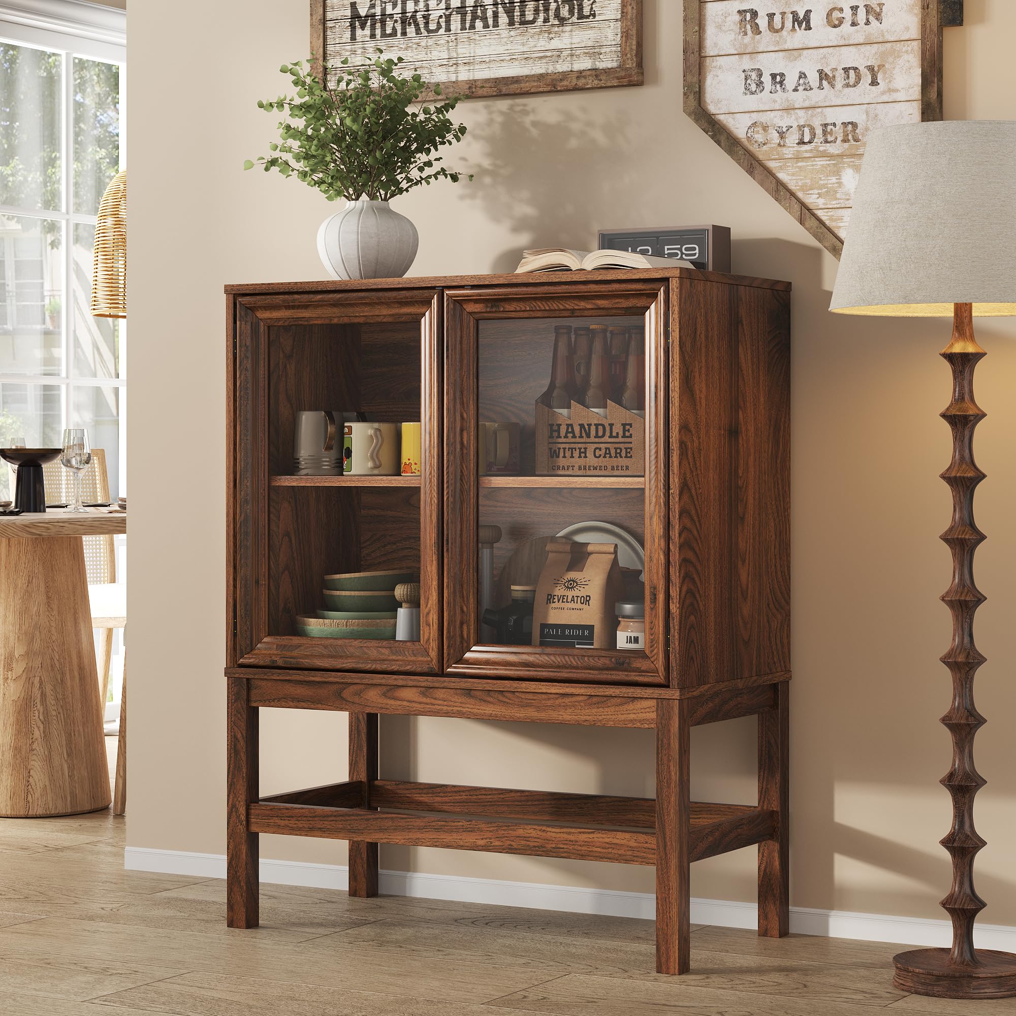 Sideboard Buffet Cabinet with Storage, Large Kitchen Coffee Wine Bar Cabinet with Glass Press-to-Open Doors, Wood Mid Century Modern Side Board Table for Dining Room, Living Room