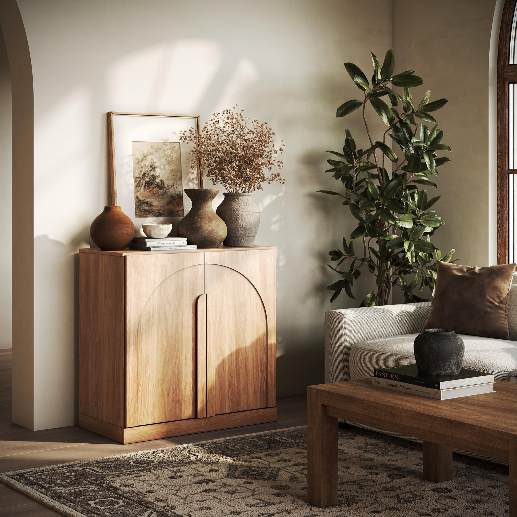 BELLEZE 65" Arched Sideboard with Glass Door, Accent Buffet Cabinet with Storage and Adjustable Shelves, Classic Modern Large Console Table for Dining Room Living Room Entryway (Camel)