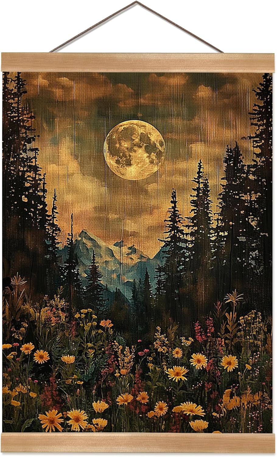 ZTGDA Vintage Moon Forest Wall Art,Full Moon Mountain Landscape Poster, Wildflower and Pine Tree Nature Canvas Wall Decor for Living Room, Bedroom,or Cabin 12x16inch(Retro color-Moon02)