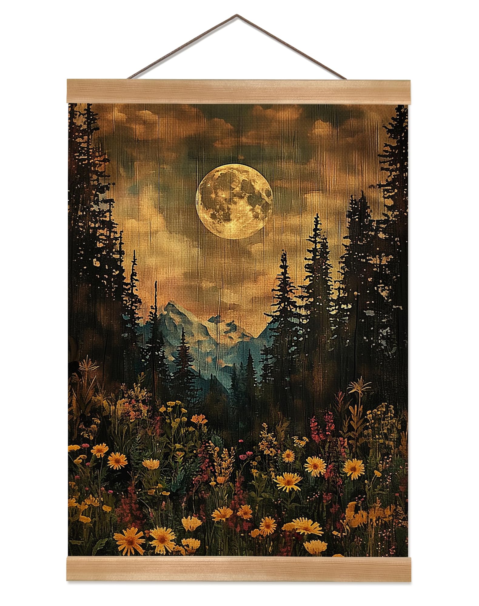 ZTGDA Vintage Moon Forest Wall Art,Full Moon Mountain Landscape Poster, Wildflower and Pine Tree Nature Canvas Wall Decor for Living Room, Bedroom,or Cabin 12x16inch(Retro color-Moon02)