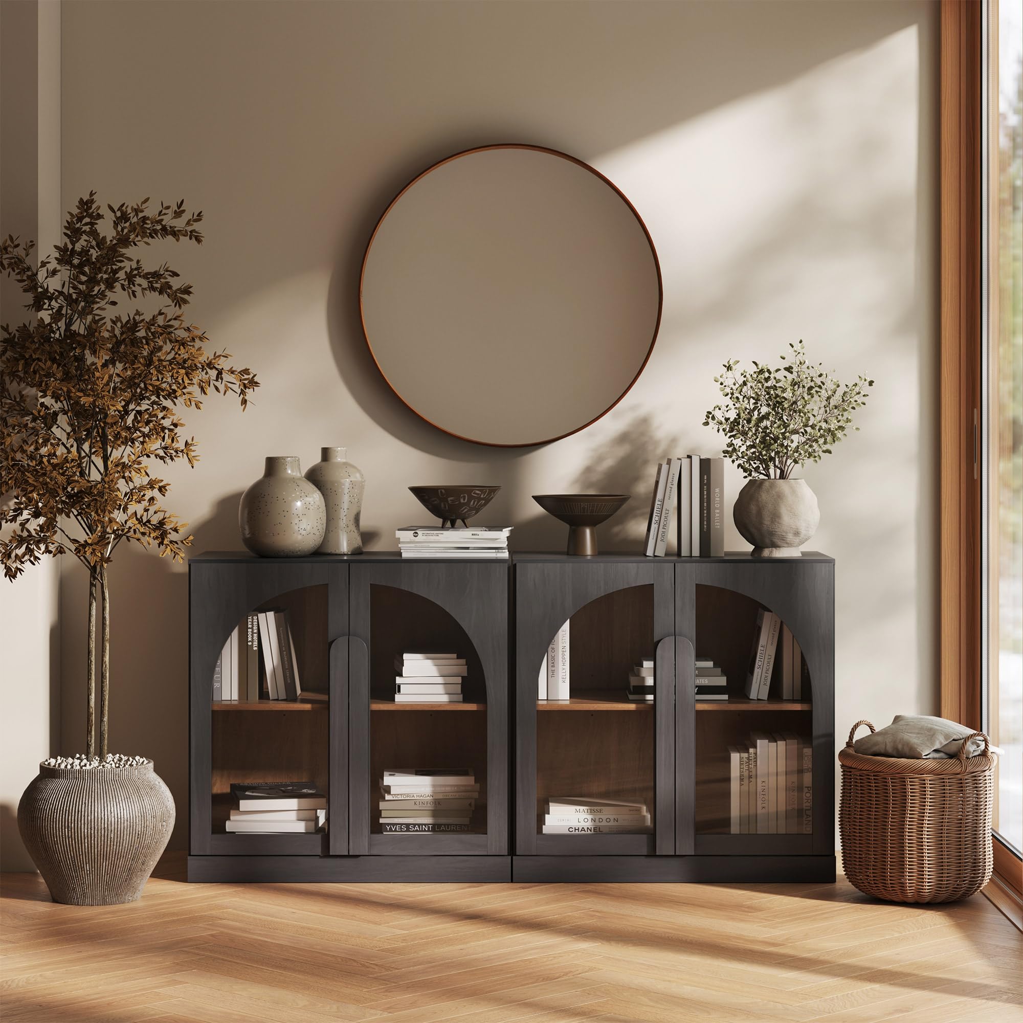 BELLEZE 65" Arched Sideboard with Glass Door, Accent Buffet Cabinet with Storage and Adjustable Shelves, Classic Modern Large Console Table for Dining Room Living Room Entryway (Ebony)