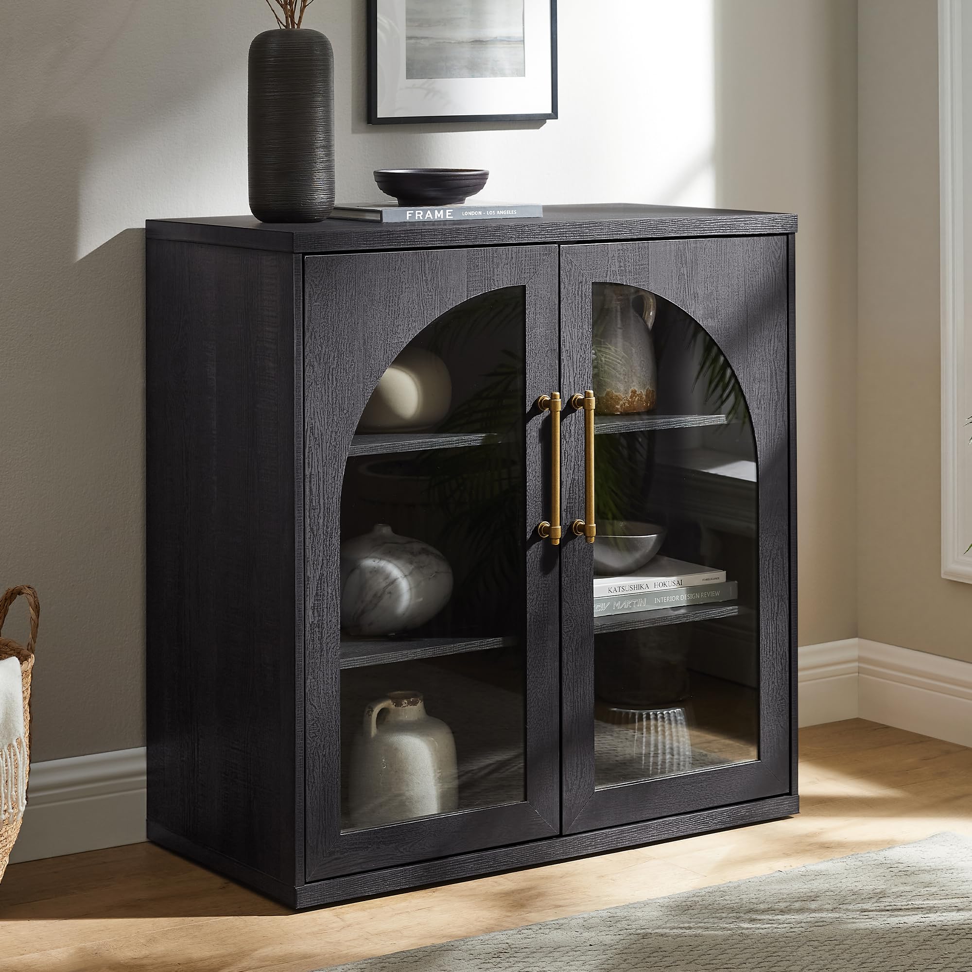 ACCOHOHO Glass Arched Door Sideboard Buffet Cabinet Set of 2, Accent Cabinet with Adjustable Shelf, Wood Modular Credenza Storage Cabinet for Dining Room, Living Room, Entryway, Natural Oak