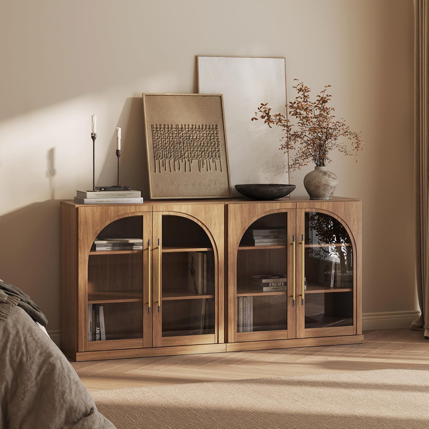 BELLEZE 65" Arched Sideboard with Glass Door, Accent Buffet Cabinet with Storage and Adjustable Shelves, Classic Modern Large Console Table for Dining Room Living Room Entryway (Camel)