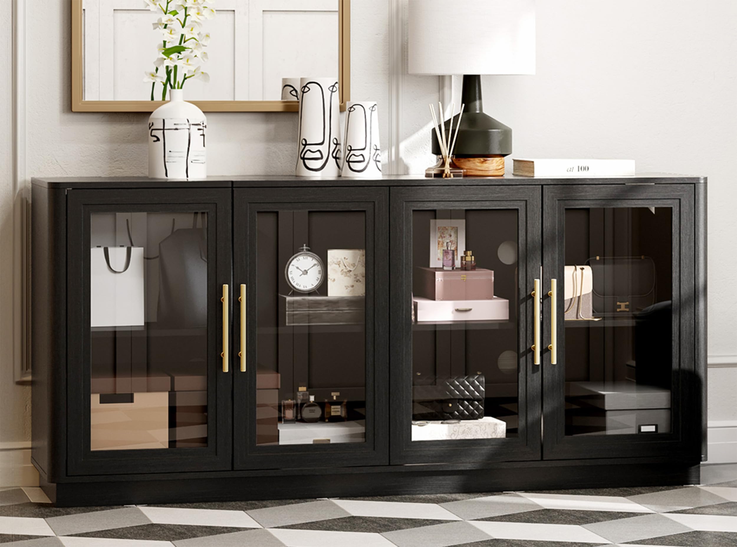NEWOWNDS Buffet Cabinet with Storage,63" Large Dining Room Furniture Sideboard Buffet Table with 4 Glass Doors, Glass Display Cabinet,for Kitchen,Modern, Black
