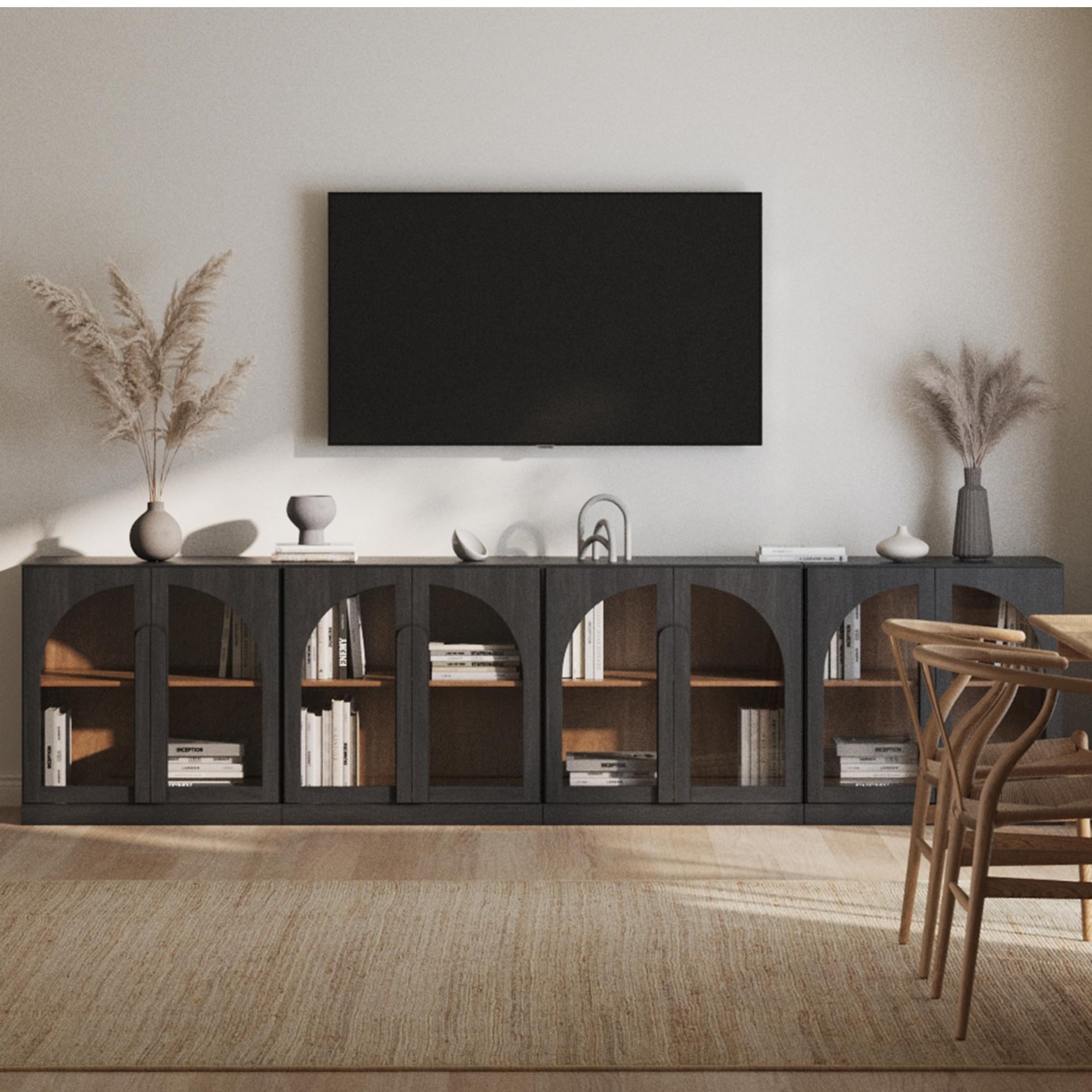 BELLEZE 65" Arched Sideboard with Glass Door, Accent Buffet Cabinet with Storage and Adjustable Shelves, Classic Modern Large Console Table for Dining Room Living Room Entryway (Ebony)