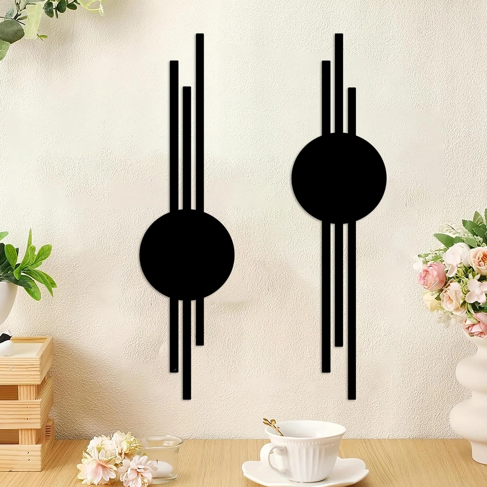DUOOLN Large 2Pcs Abstract Metal Wall Art Decor, Black Modern Geometric Hanging Sign, Minimalist Single Line Décor Sculptures, Living Room Bedroom Bathroom Office Farmhouse Decoration-17.32 x 9.6 in