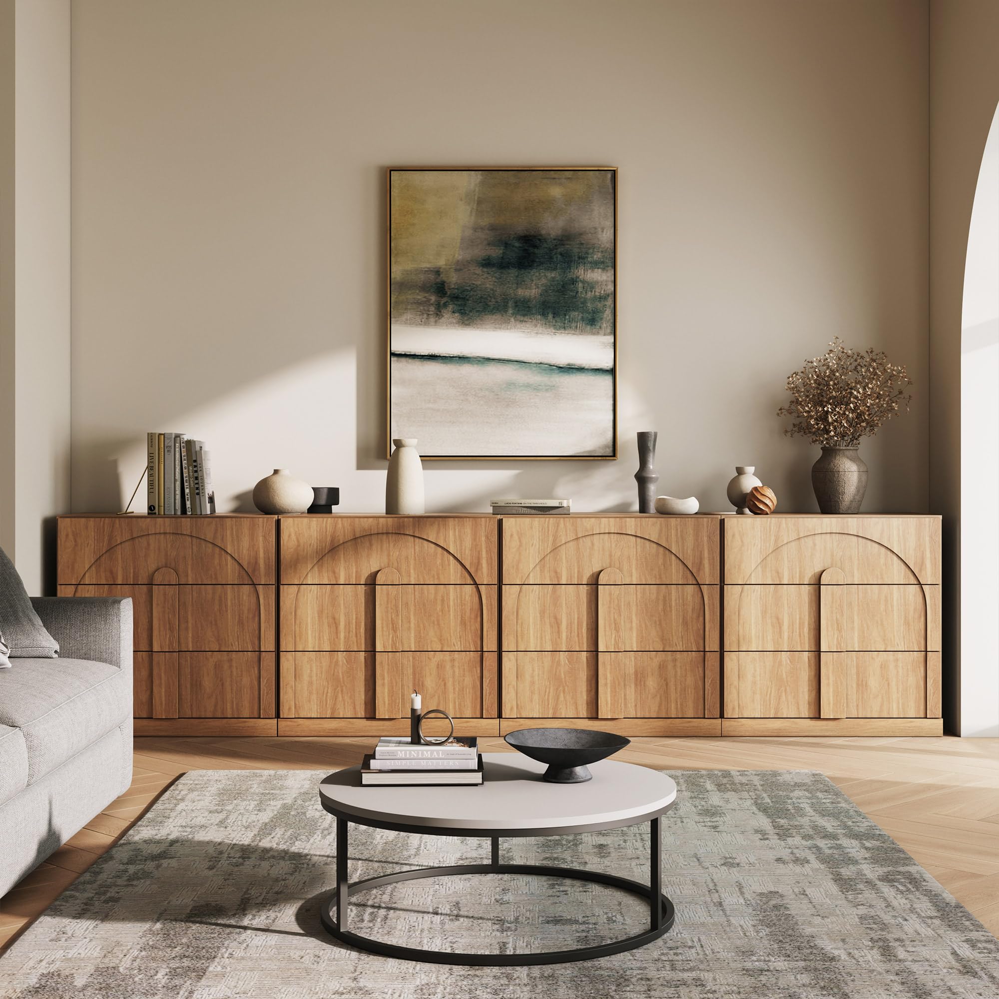 BELLEZE 65" Arched Sideboard with Glass Door, Accent Buffet Cabinet with Storage and Adjustable Shelves, Classic Modern Large Console Table for Dining Room Living Room Entryway (Ebony)