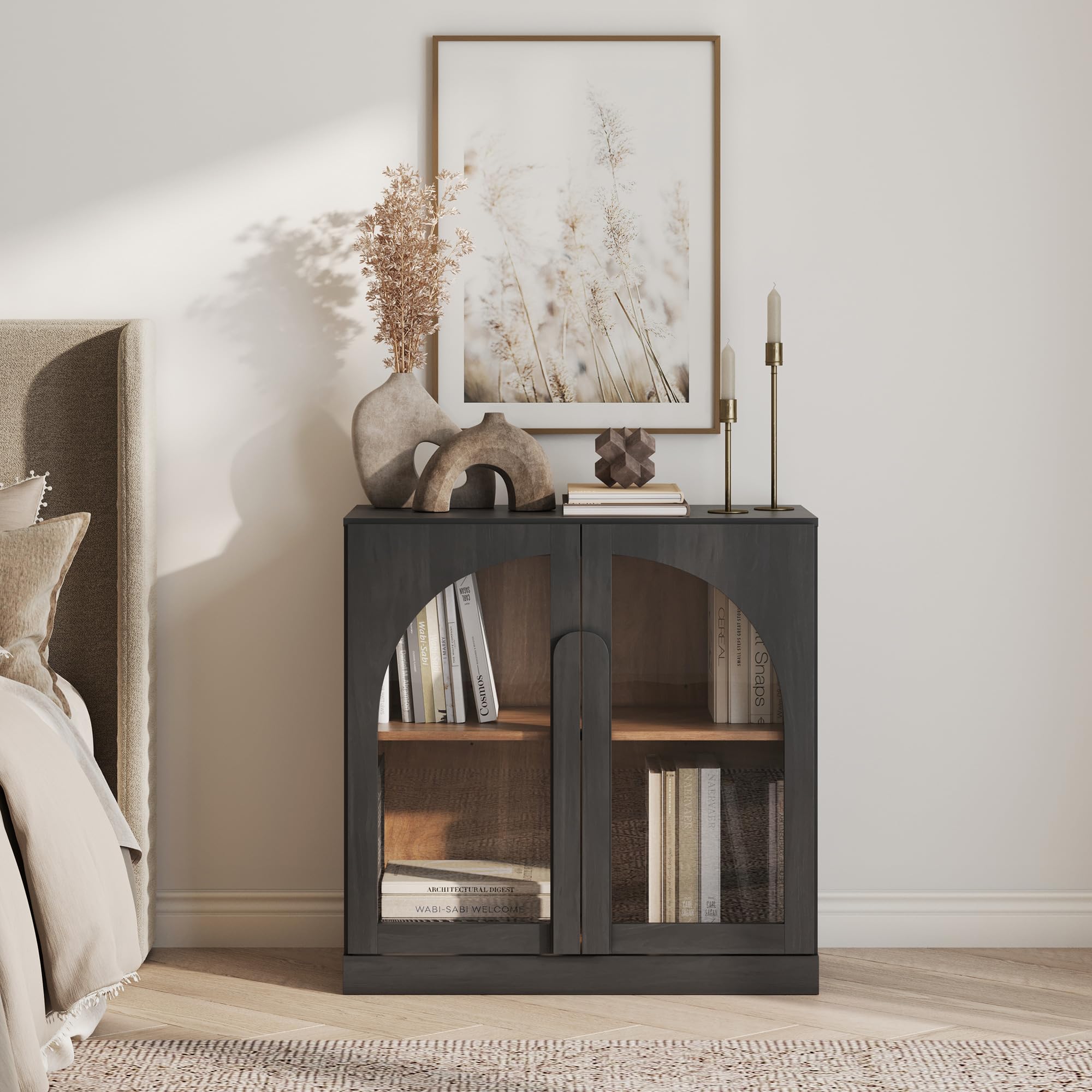 BELLEZE 65" Arched Sideboard with Glass Door, Accent Buffet Cabinet with Storage and Adjustable Shelves, Classic Modern Large Console Table for Dining Room Living Room Entryway (Ebony)