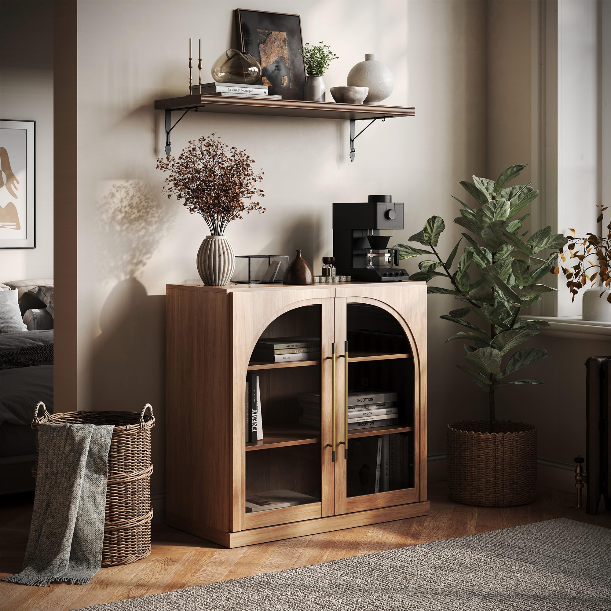 BELLEZE 65" Arched Sideboard with Glass Door, Accent Buffet Cabinet with Storage and Adjustable Shelves, Classic Modern Large Console Table for Dining Room Living Room Entryway (Ebony)