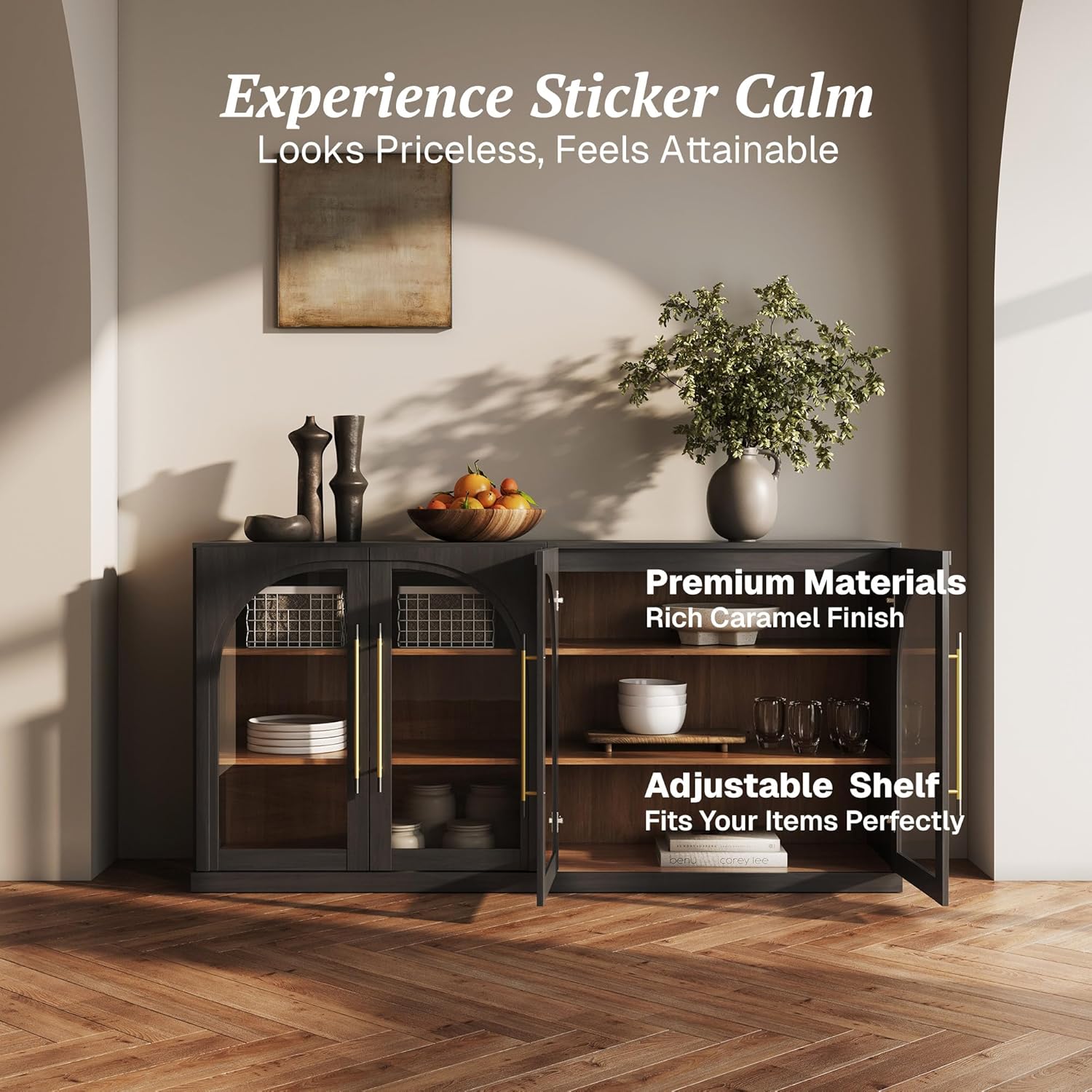 BELLEZE 65" Arched Sideboard with Glass Door, Accent Buffet Cabinet with Storage and Adjustable Shelves, Classic Modern Large Console Table for Dining Room Living Room Entryway (Ebony)