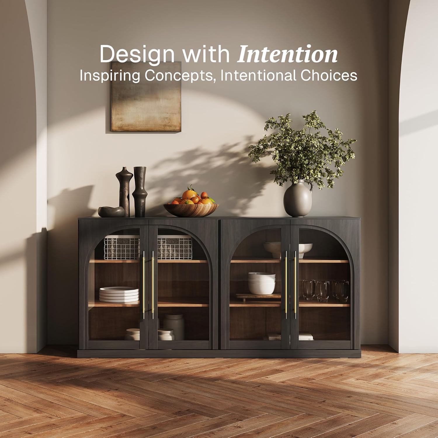 BELLEZE 65" Arched Sideboard with Glass Door, Accent Buffet Cabinet with Storage and Adjustable Shelves, Classic Modern Large Console Table for Dining Room Living Room Entryway (Ebony)