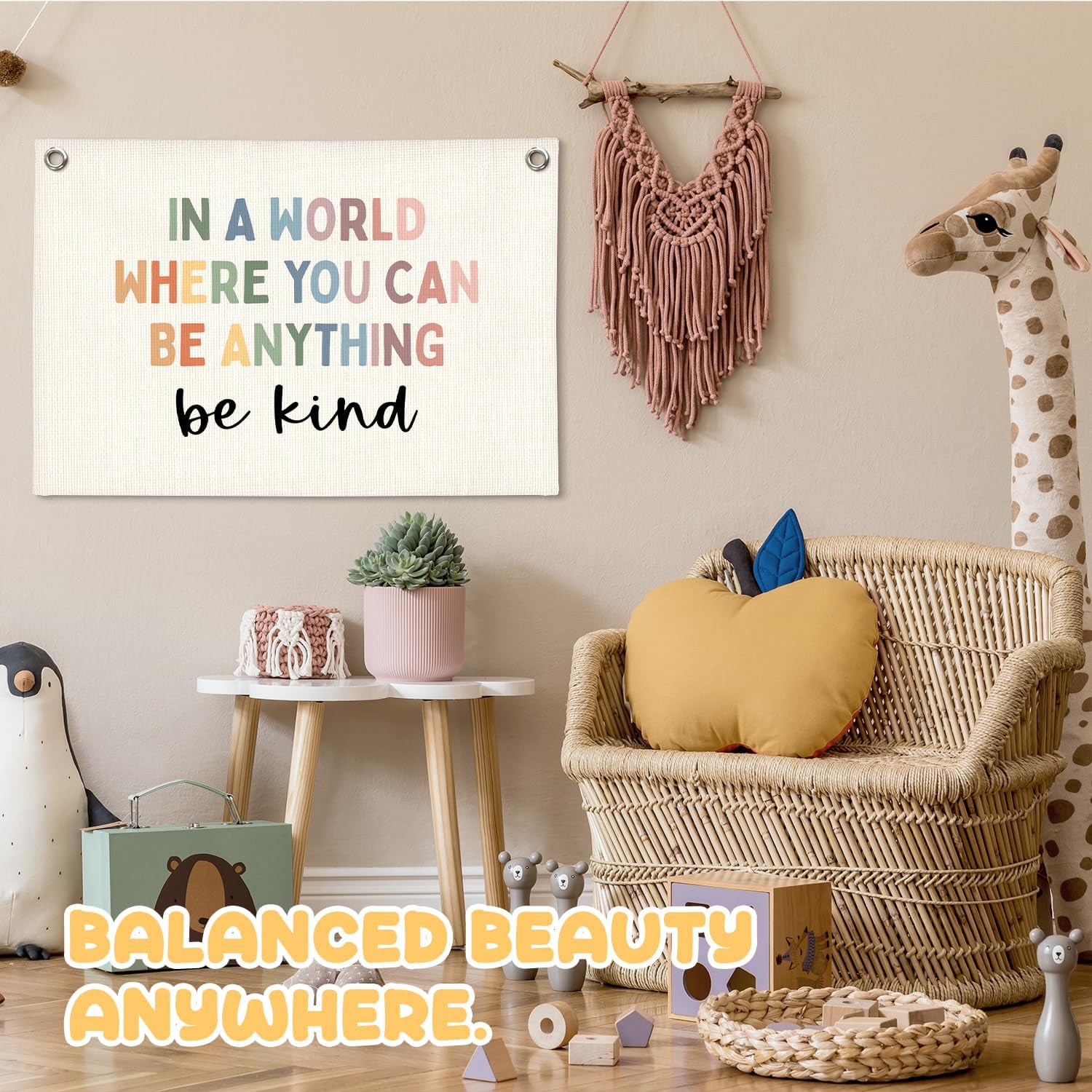 Motivational Linen Canvas Banner,Positive Affirmations Wall Hanging Flag,In A World Where You Can Be Anything Be Kind Wall Decor, Boho Classroom Therapy Office Decor, Kids Room Wall Art,20x30