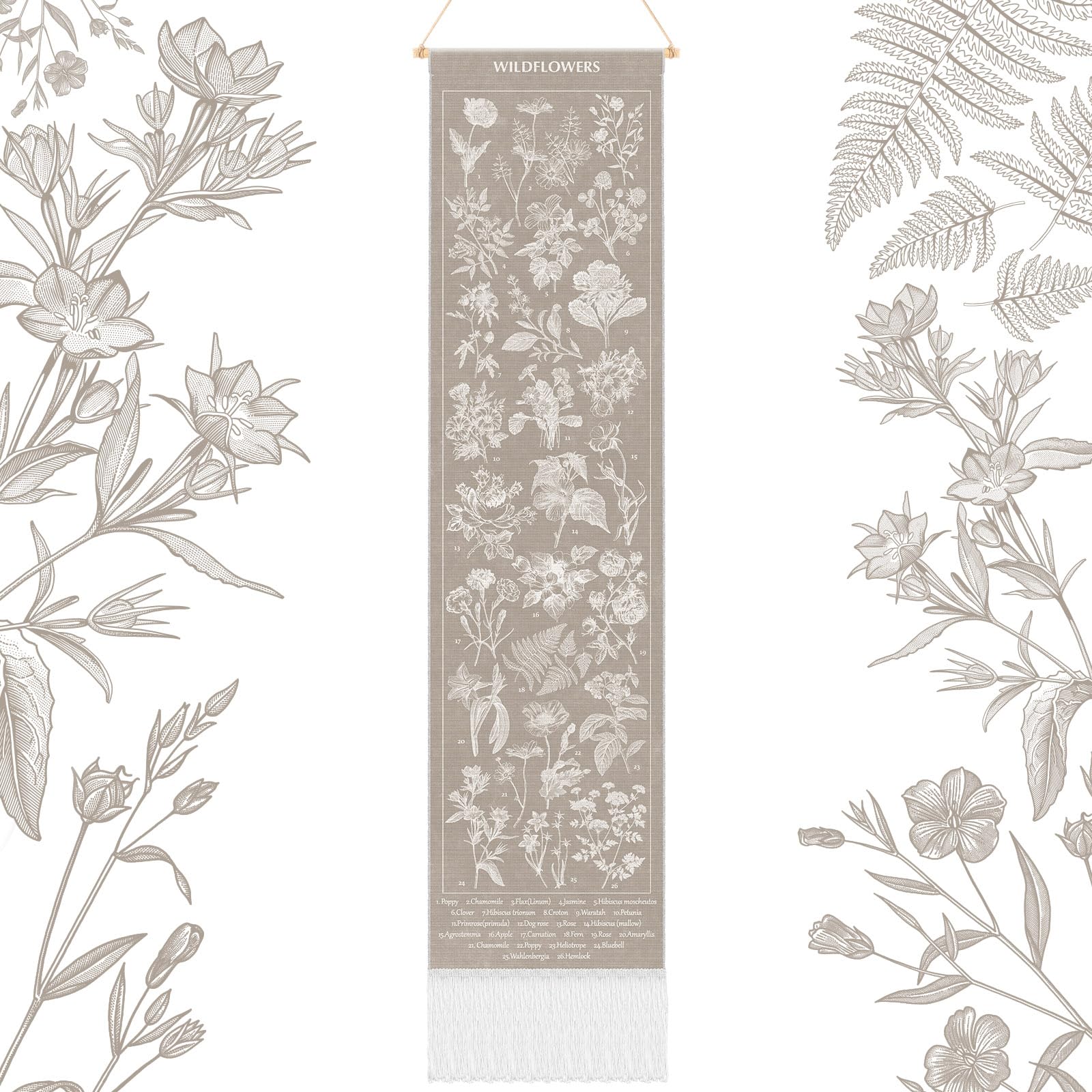 Geetery Vintage Floral Vertical Tapestry Wall Hanging Decor Long Flower Narrow Botanical Fabric Wall Art Hanging Reference Illustrative Tassel Tapestry for Bedroom Living Room Home Decor Gift(White)