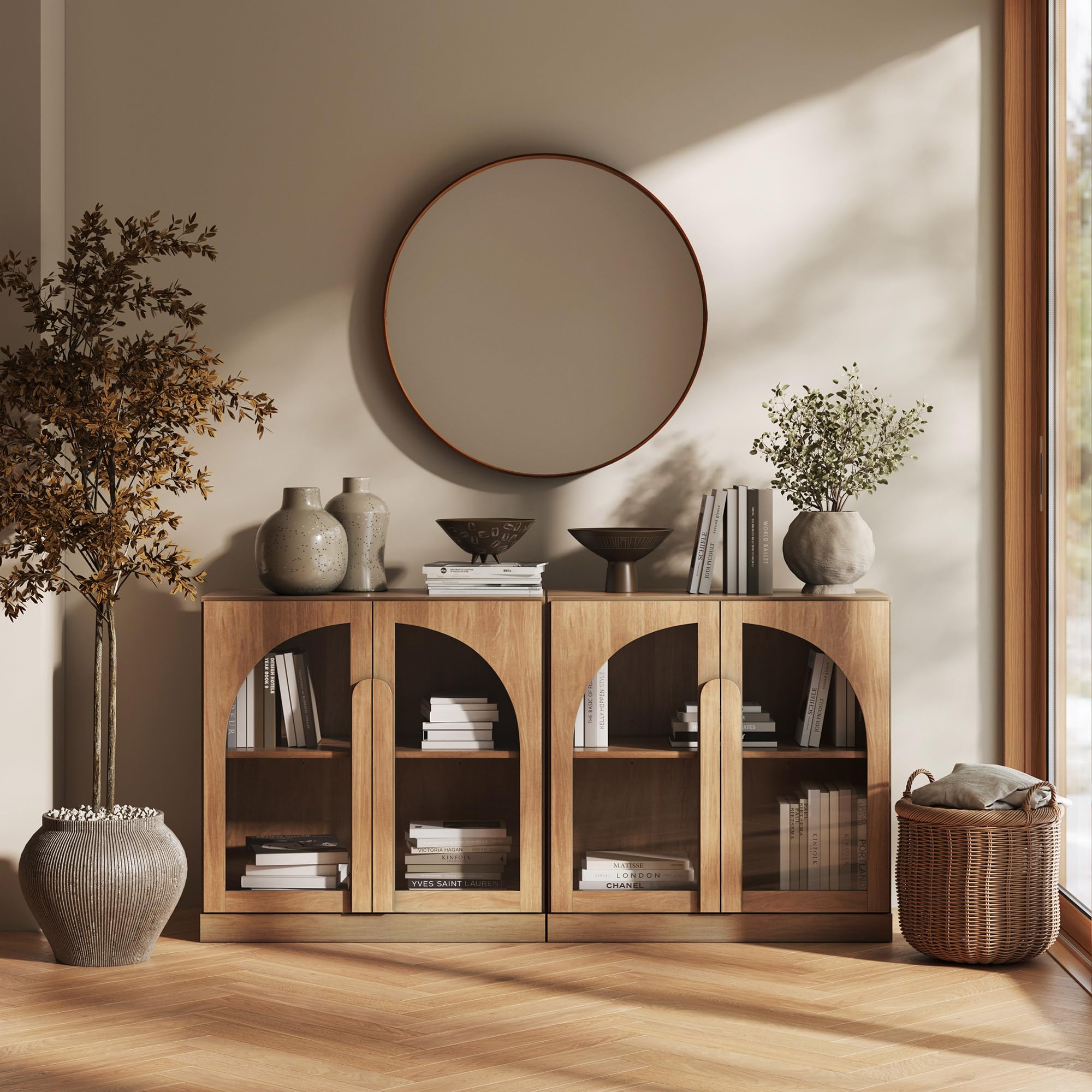 BELLEZE 65" Arched Sideboard with Glass Door, Accent Buffet Cabinet with Storage and Adjustable Shelves, Classic Modern Large Console Table for Dining Room Living Room Entryway (Ebony)