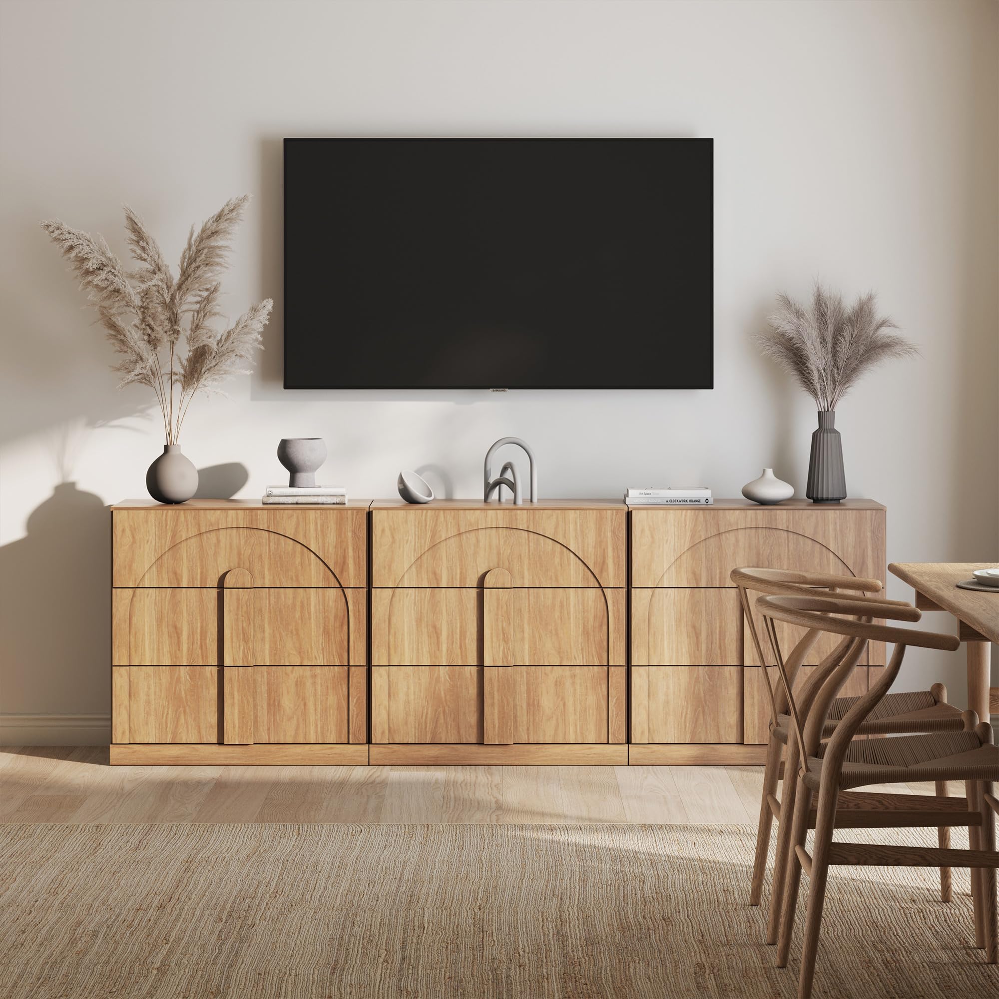 BELLEZE 65" Arched Sideboard with Glass Door, Accent Buffet Cabinet with Storage and Adjustable Shelves, Classic Modern Large Console Table for Dining Room Living Room Entryway (Camel)