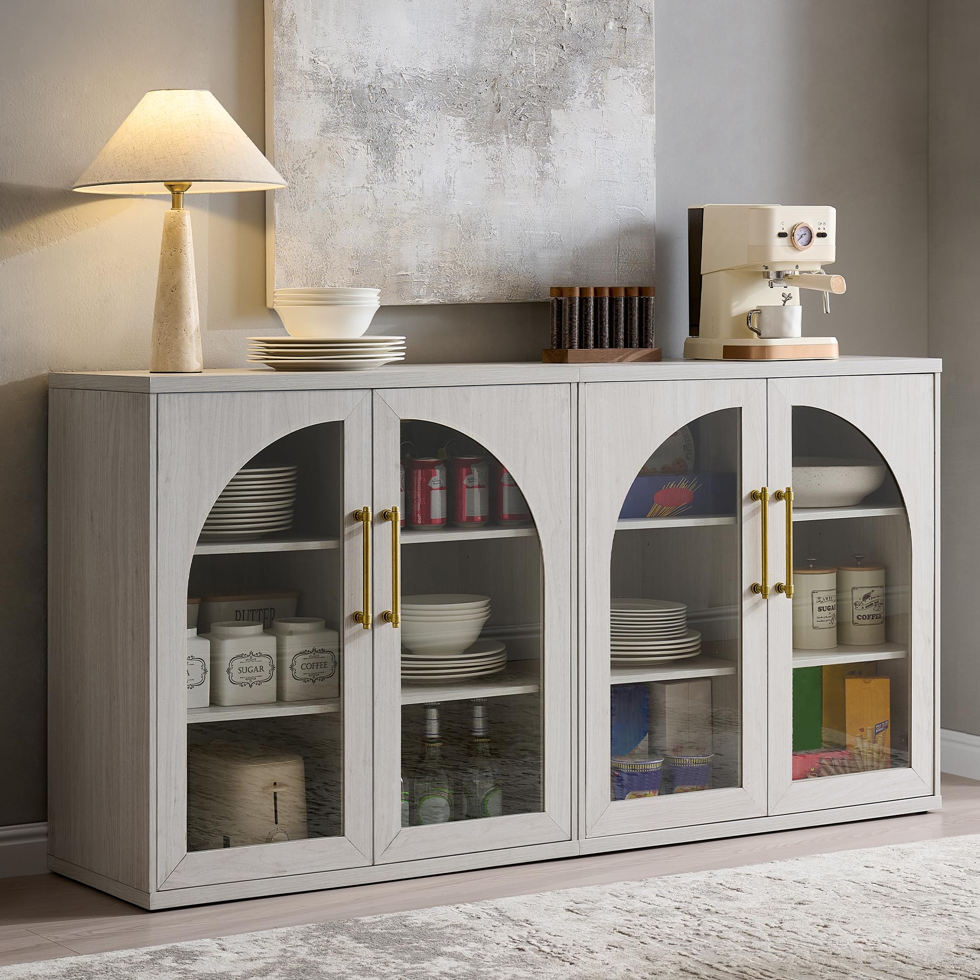 ACCOHOHO Glass Arched Door Sideboard Buffet Cabinet Set of 2, Accent Cabinet with Adjustable Shelf, Wood Modular Credenza Storage Cabinet for Dining Room, Living Room, Entryway, Natural Oak