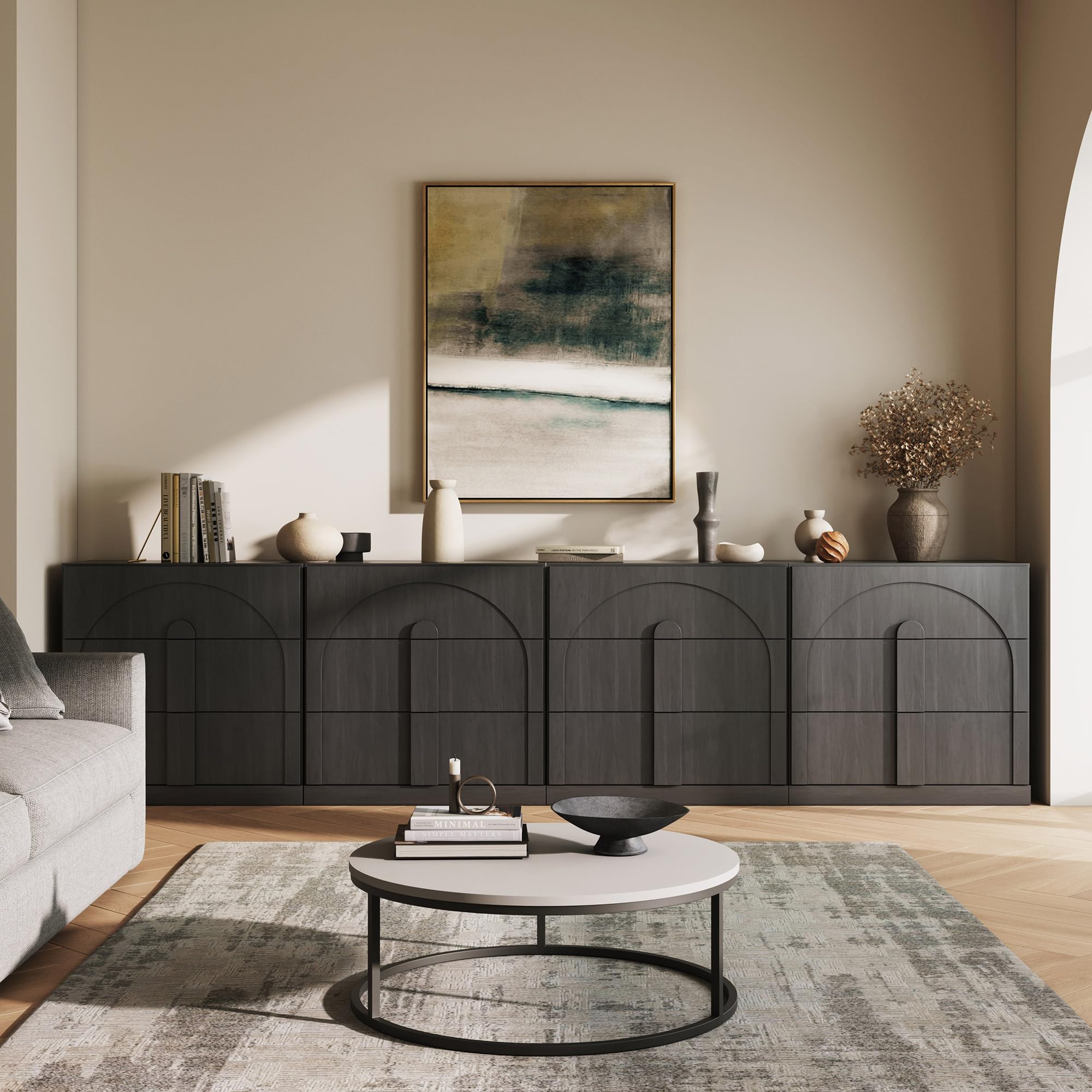 BELLEZE 65" Arched Sideboard with Glass Door, Accent Buffet Cabinet with Storage and Adjustable Shelves, Classic Modern Large Console Table for Dining Room Living Room Entryway (Camel)