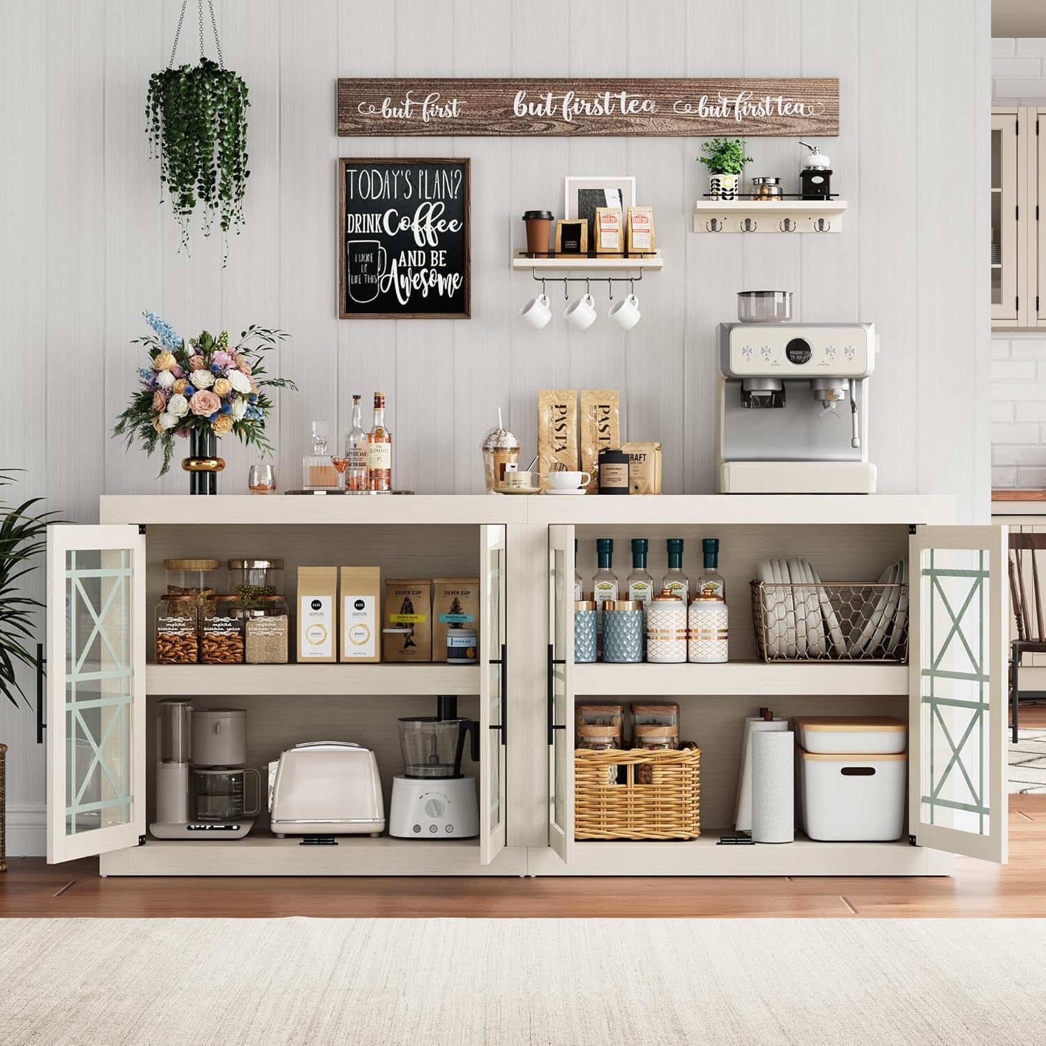 GarveeHome 71" White Buffet Sideboard with Storage, Modern Tall Coffee Bar Cabinet with 4 Glass Doors, Large Kitchen Buffet Table for Dining Room, Living Room, Entryway