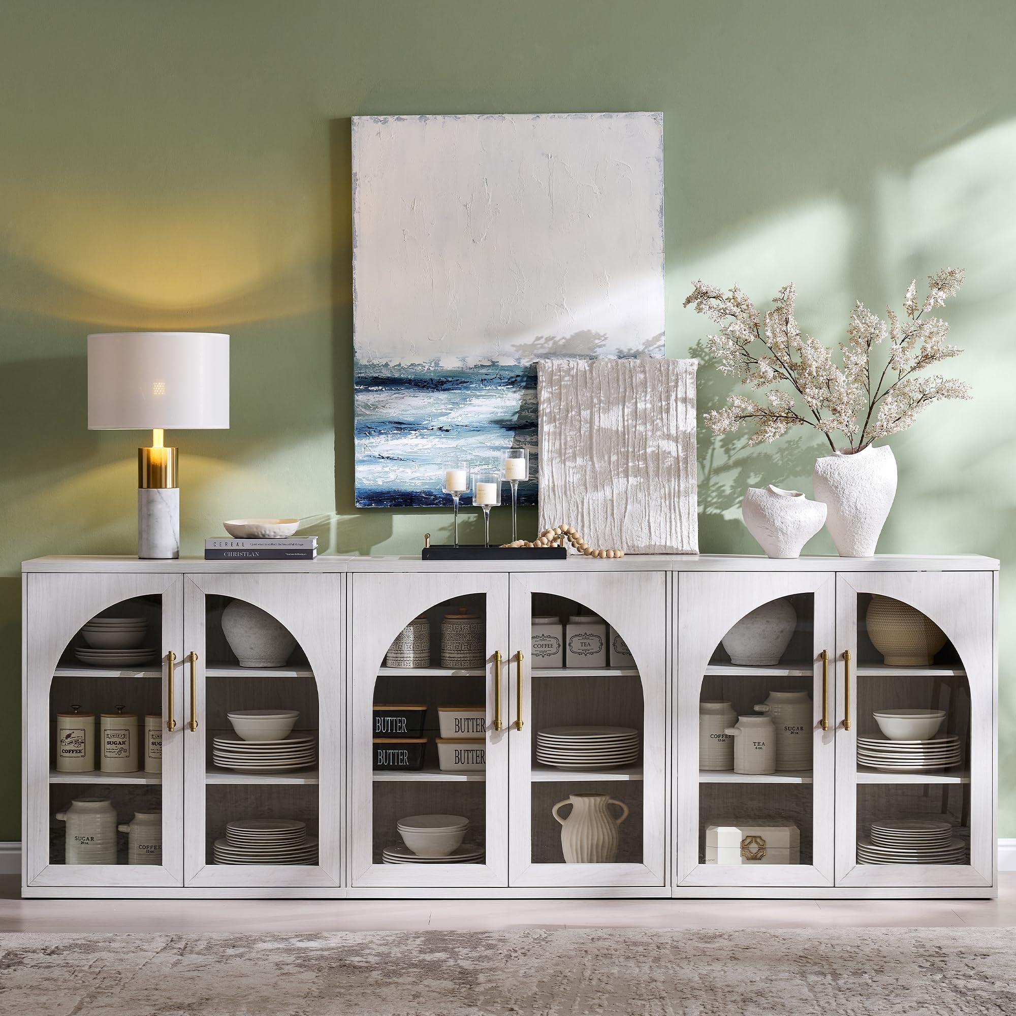 ACCOHOHO Glass Arched Door Sideboard Buffet Cabinet Set of 2, Accent Cabinet with Adjustable Shelf, Wood Modular Credenza Storage Cabinet for Dining Room, Living Room, Entryway, Natural Oak