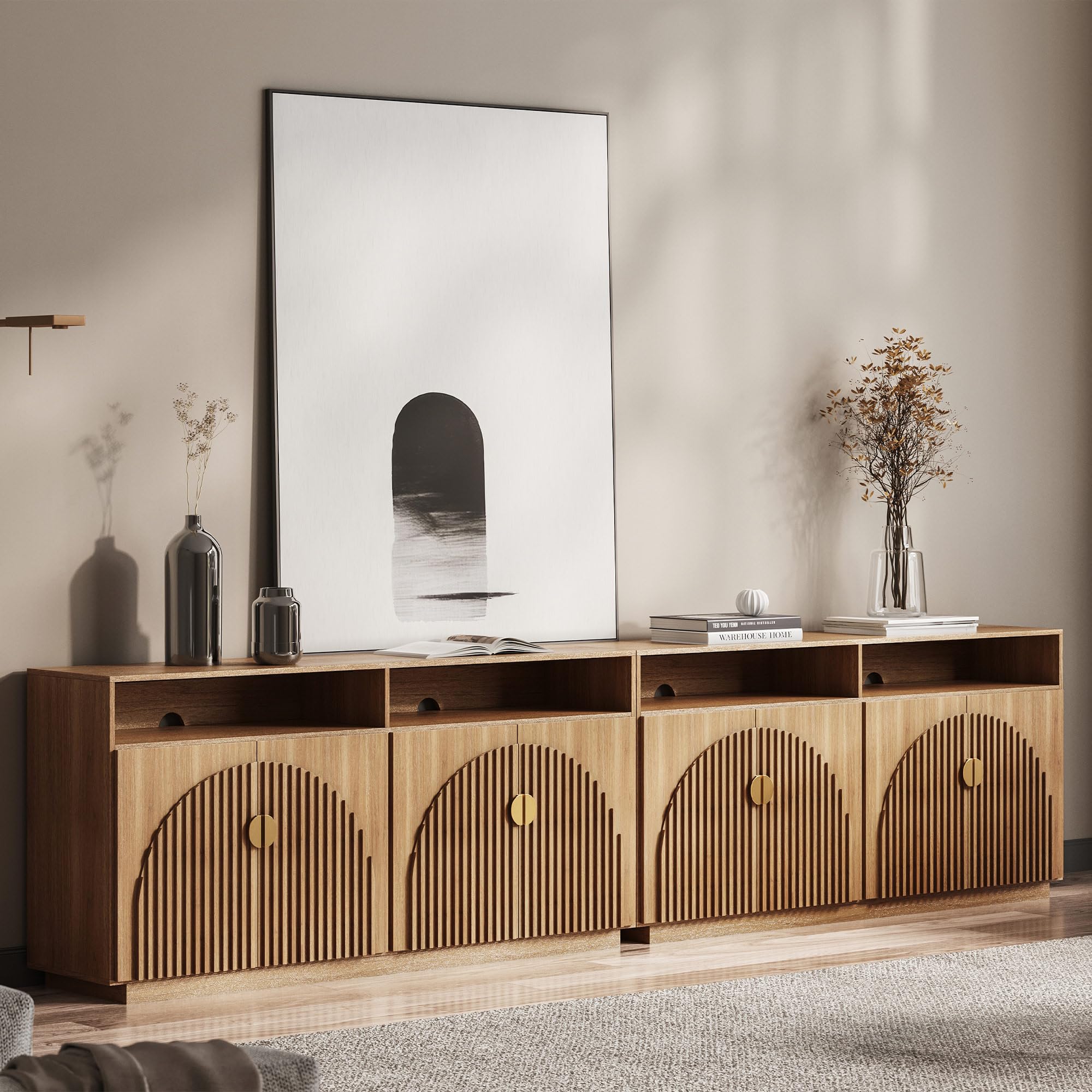 BELLEZE 65" Arched Sideboard with Glass Door, Accent Buffet Cabinet with Storage and Adjustable Shelves, Classic Modern Large Console Table for Dining Room Living Room Entryway (Camel)