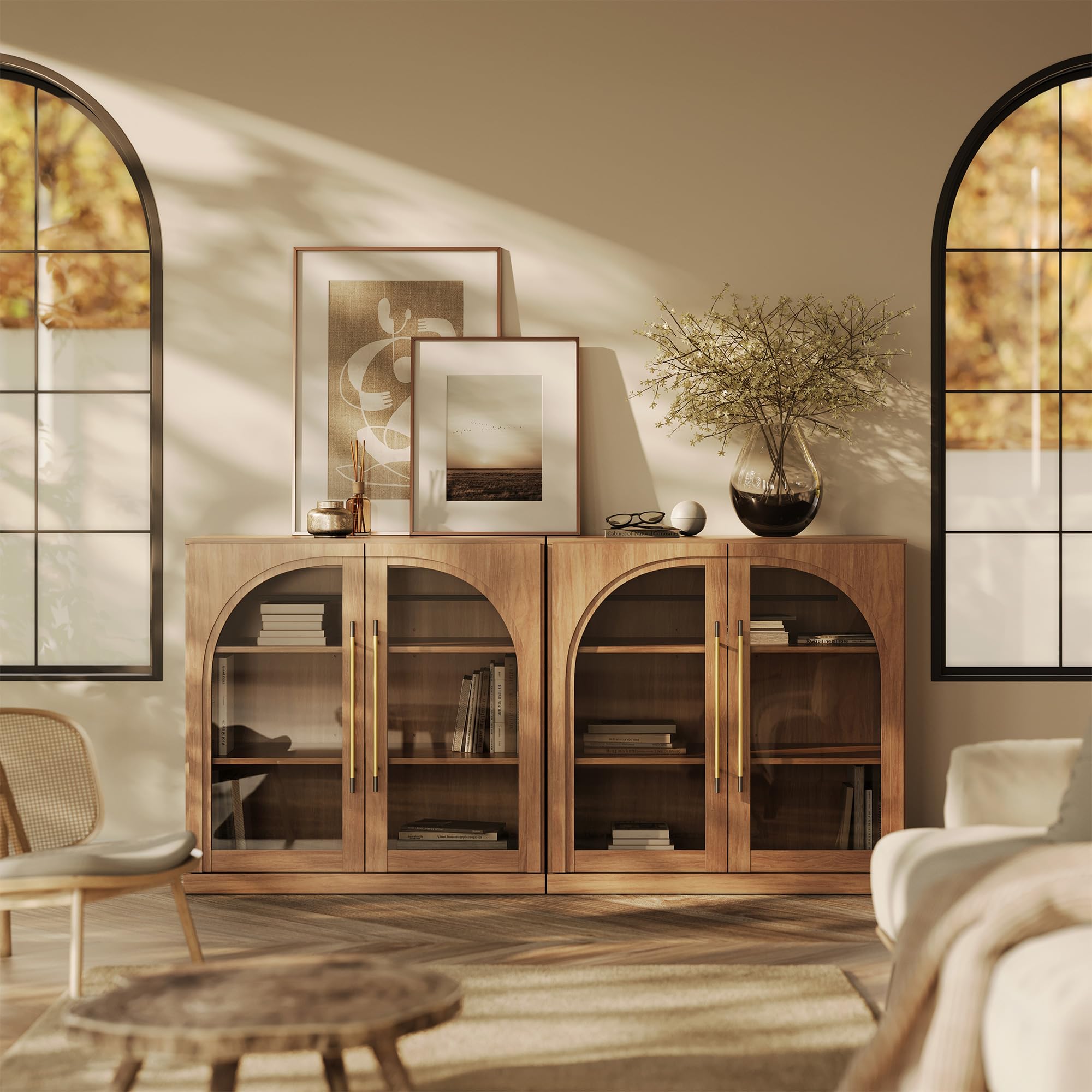 BELLEZE 65" Arched Sideboard with Glass Door, Accent Buffet Cabinet with Storage and Adjustable Shelves, Classic Modern Large Console Table for Dining Room Living Room Entryway (Ebony)