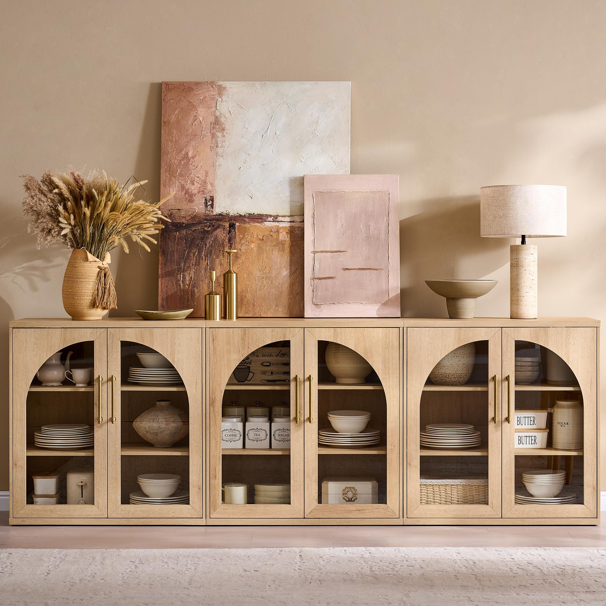 ACCOHOHO Glass Arched Door Sideboard Buffet Cabinet Set of 2, Accent Cabinet with Adjustable Shelf, Wood Modular Credenza Storage Cabinet for Dining Room, Living Room, Entryway, Natural Oak